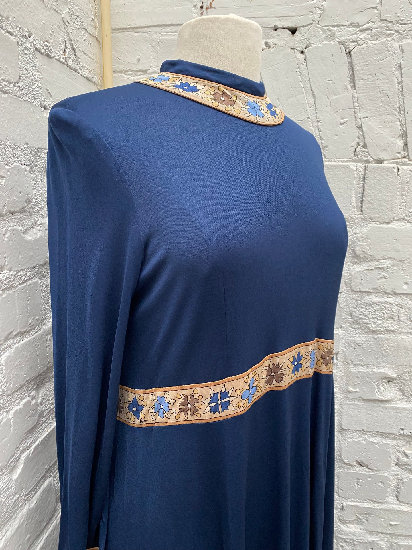 Vintage Navy & Brown Floral Detail Long Sleeve Dress, L