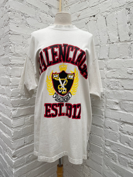 BALENCIAGA White, Red, & Black Crest ‘1917’ T Shirt, L (As Is)