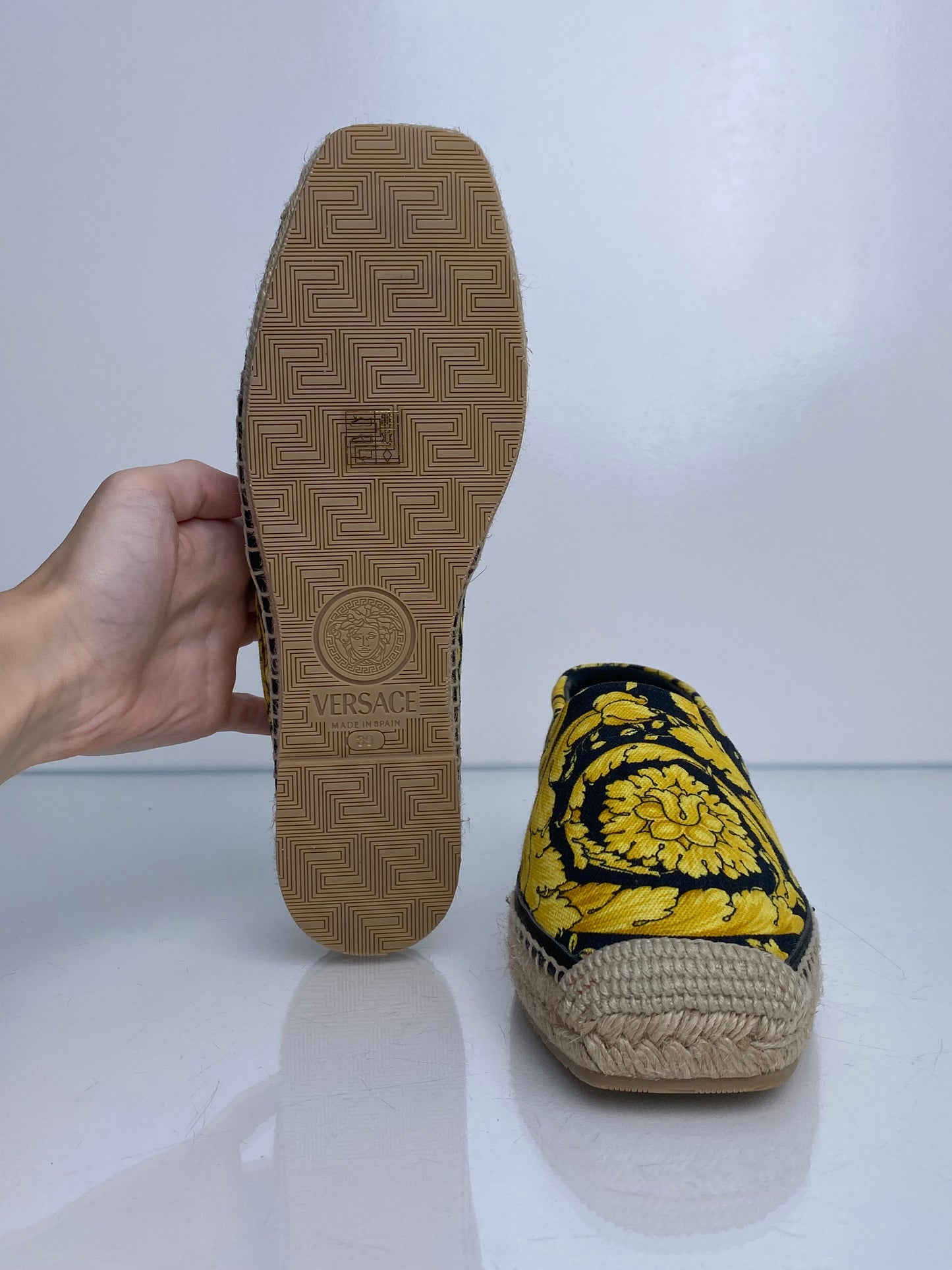Versace Gold & Black Patterned Canvas Espadrille Flats, 39