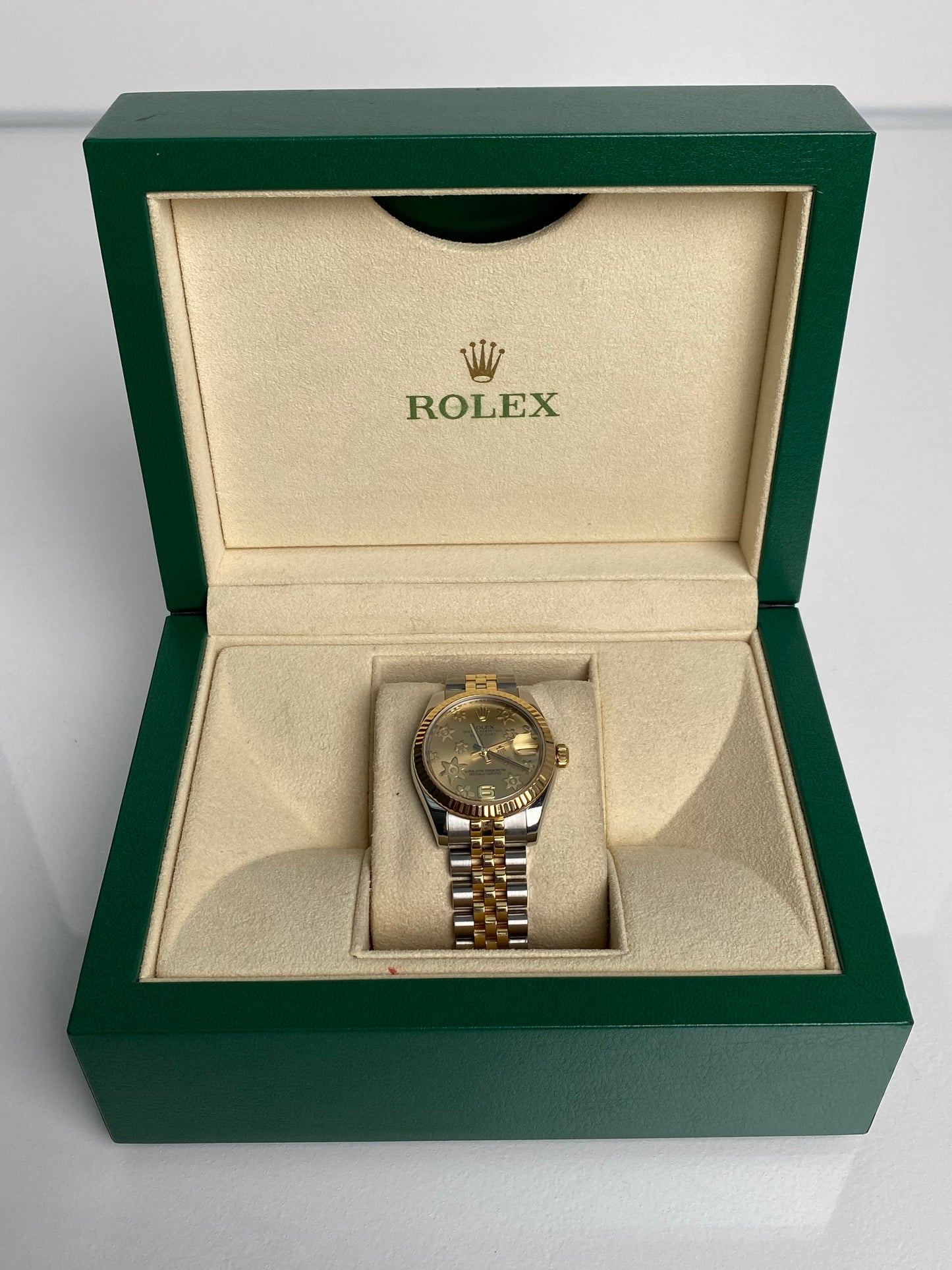 Rolex Two-Toned Champagne Floral Datejust Watch, 31