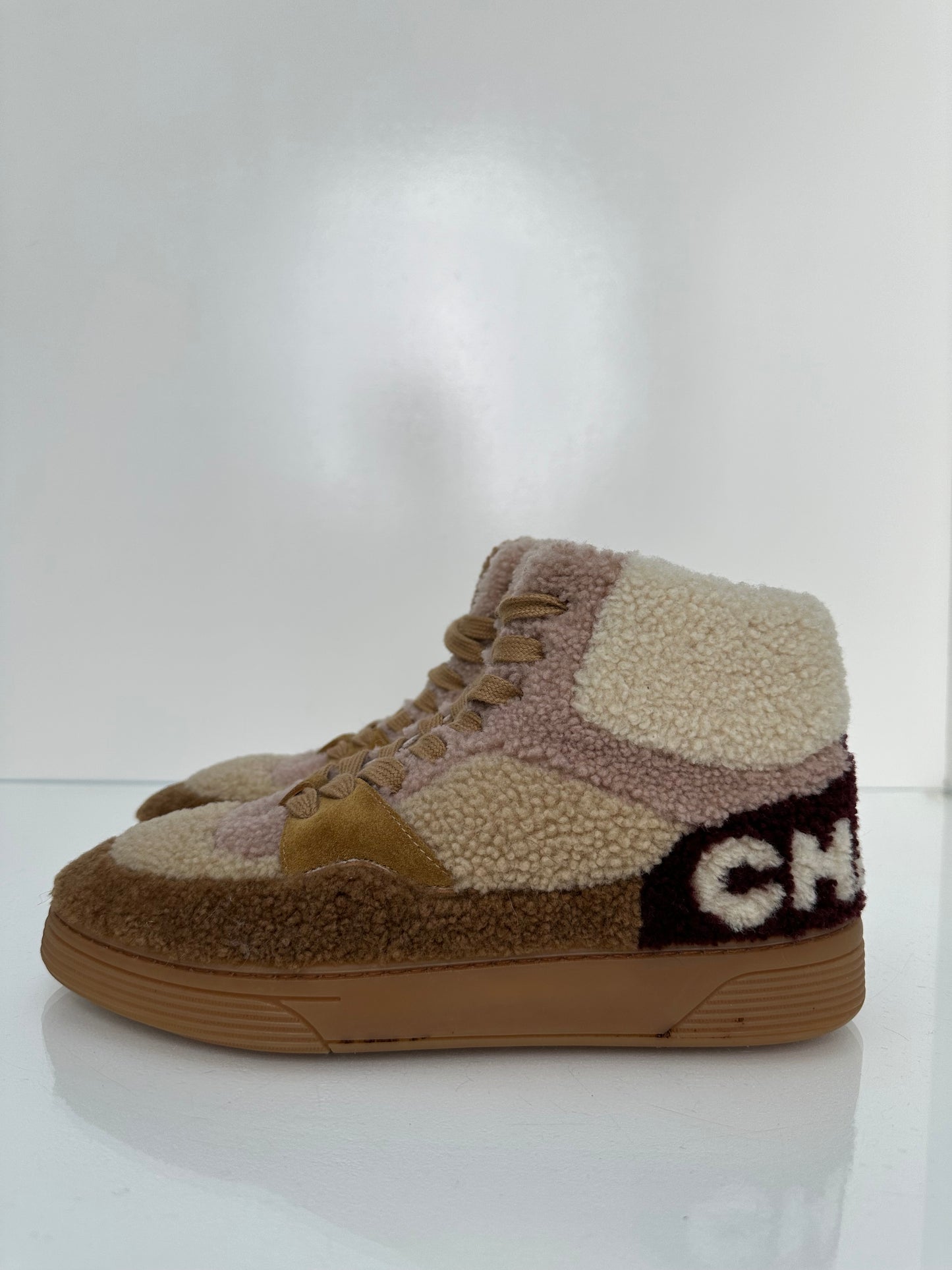 Chanel Cream, Pink, & Brown Shearling Sneakers, 39.5