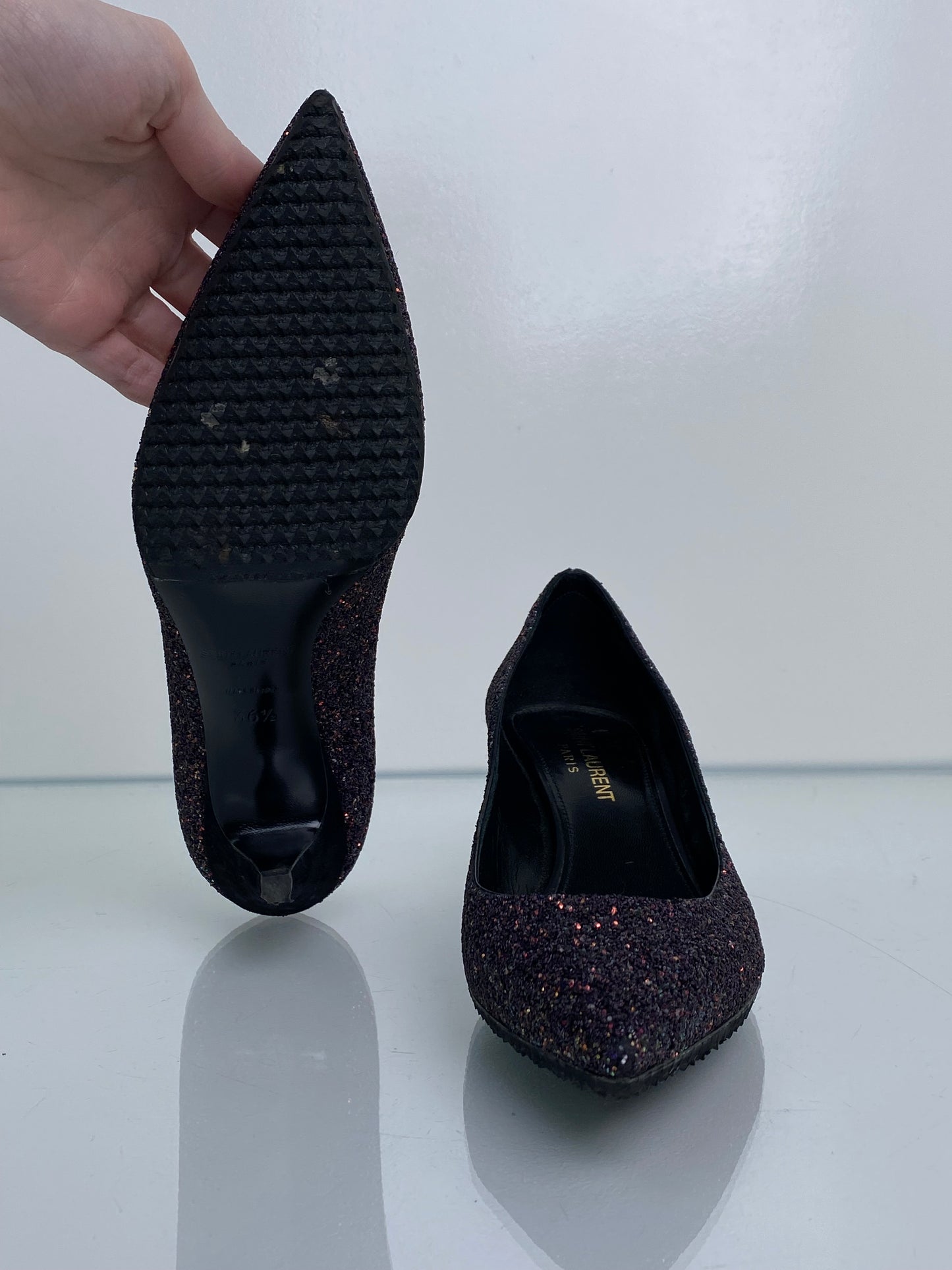 Saint Laurent Purple Glitter Kitten Heels, 36.5
