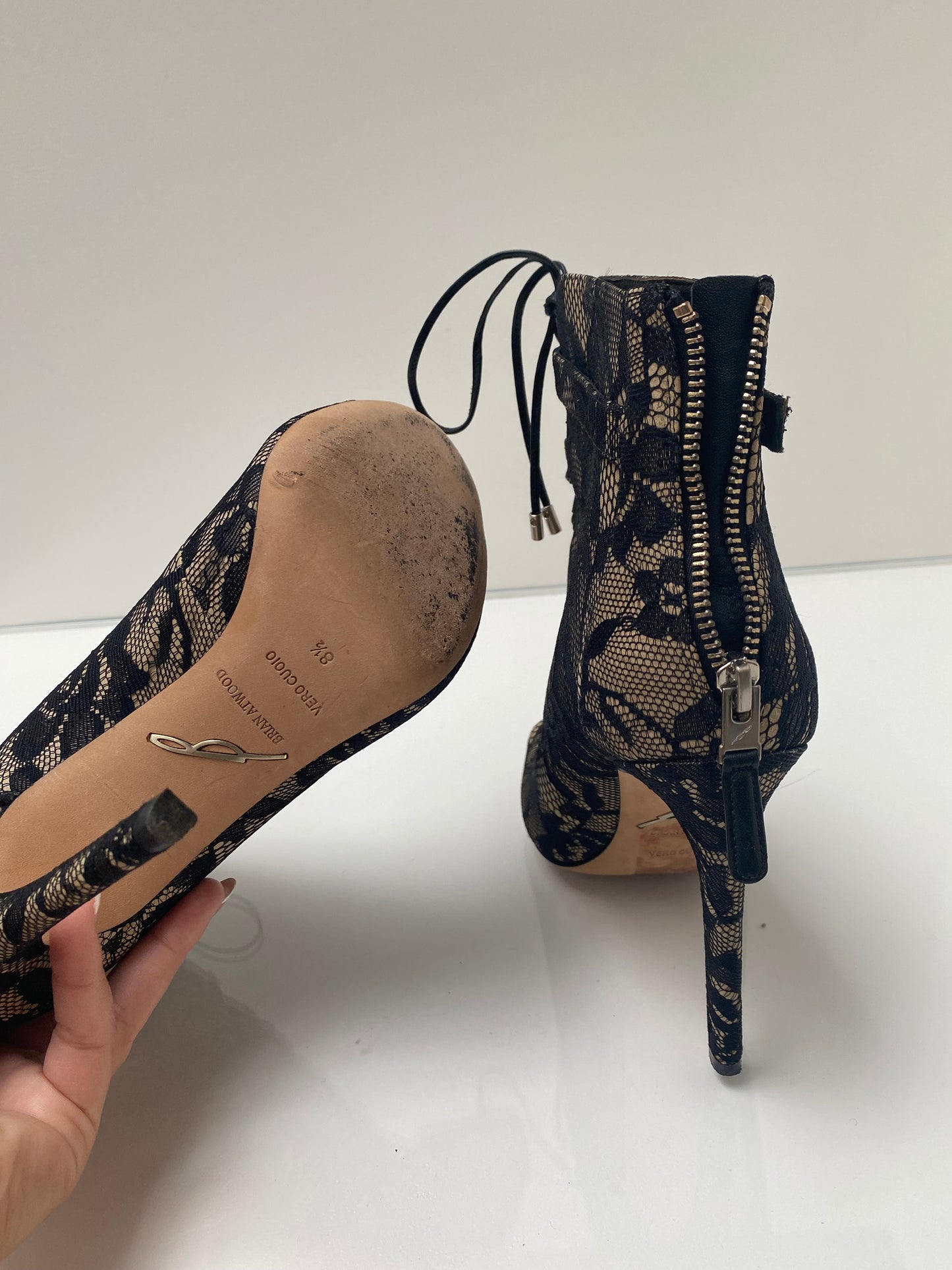Brian Atwood Lace Heel Boots, 8.5