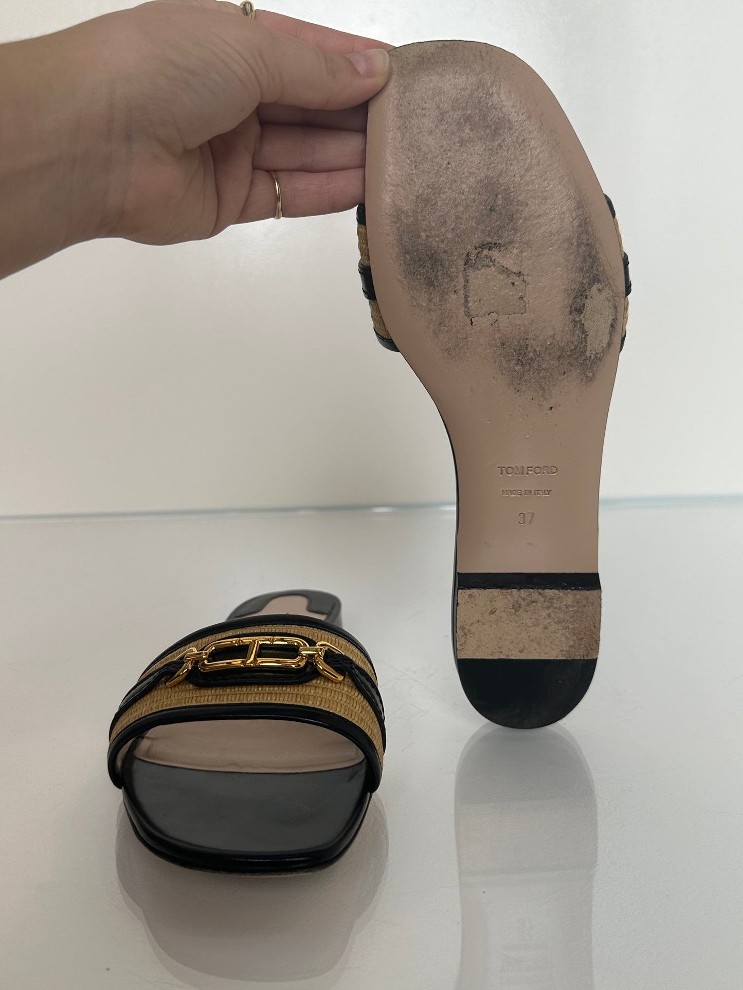 Tom Ford Black & Raffia Whitney Sandals, 37