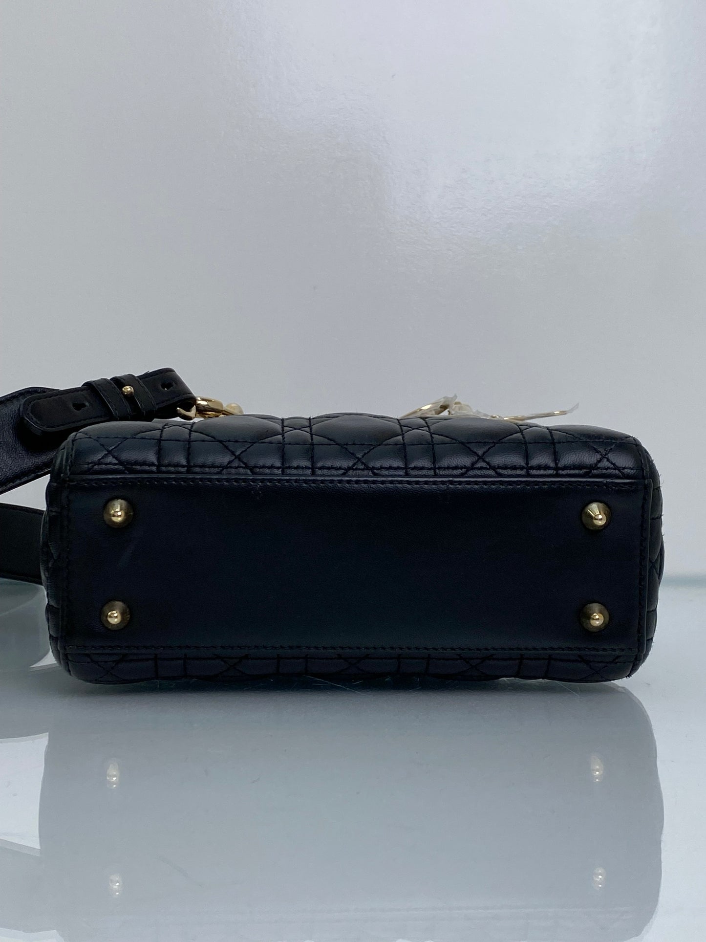 Christian Dior Lady Dior Small Black Lambskin W/ Blue Charm Strap