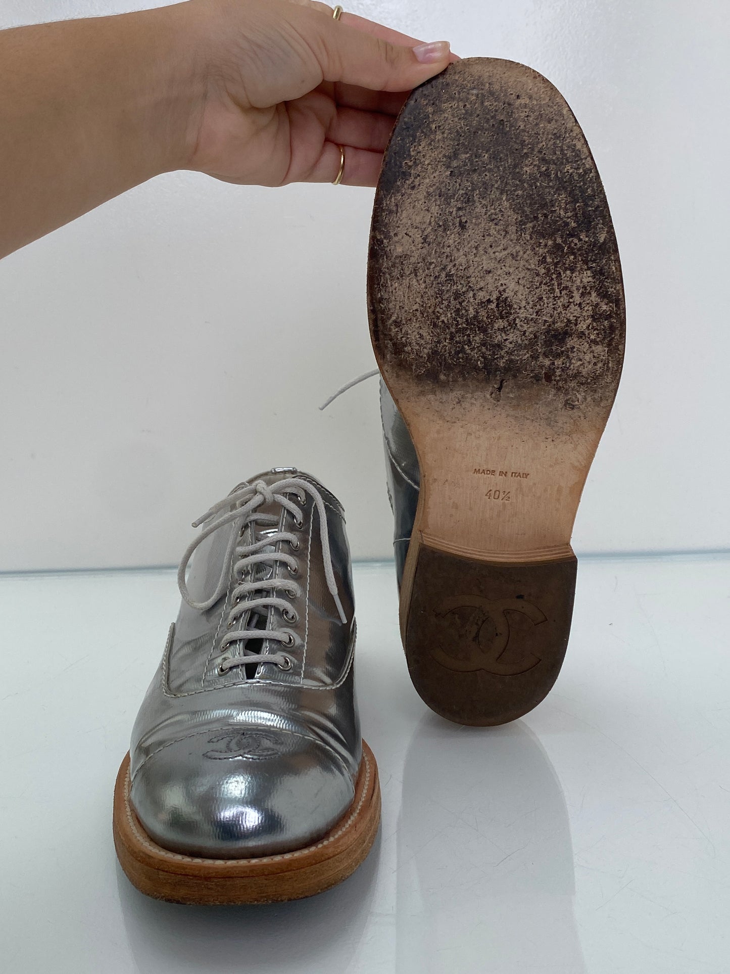 Chanel Silver CC Lace Up Oxfords, 40.5