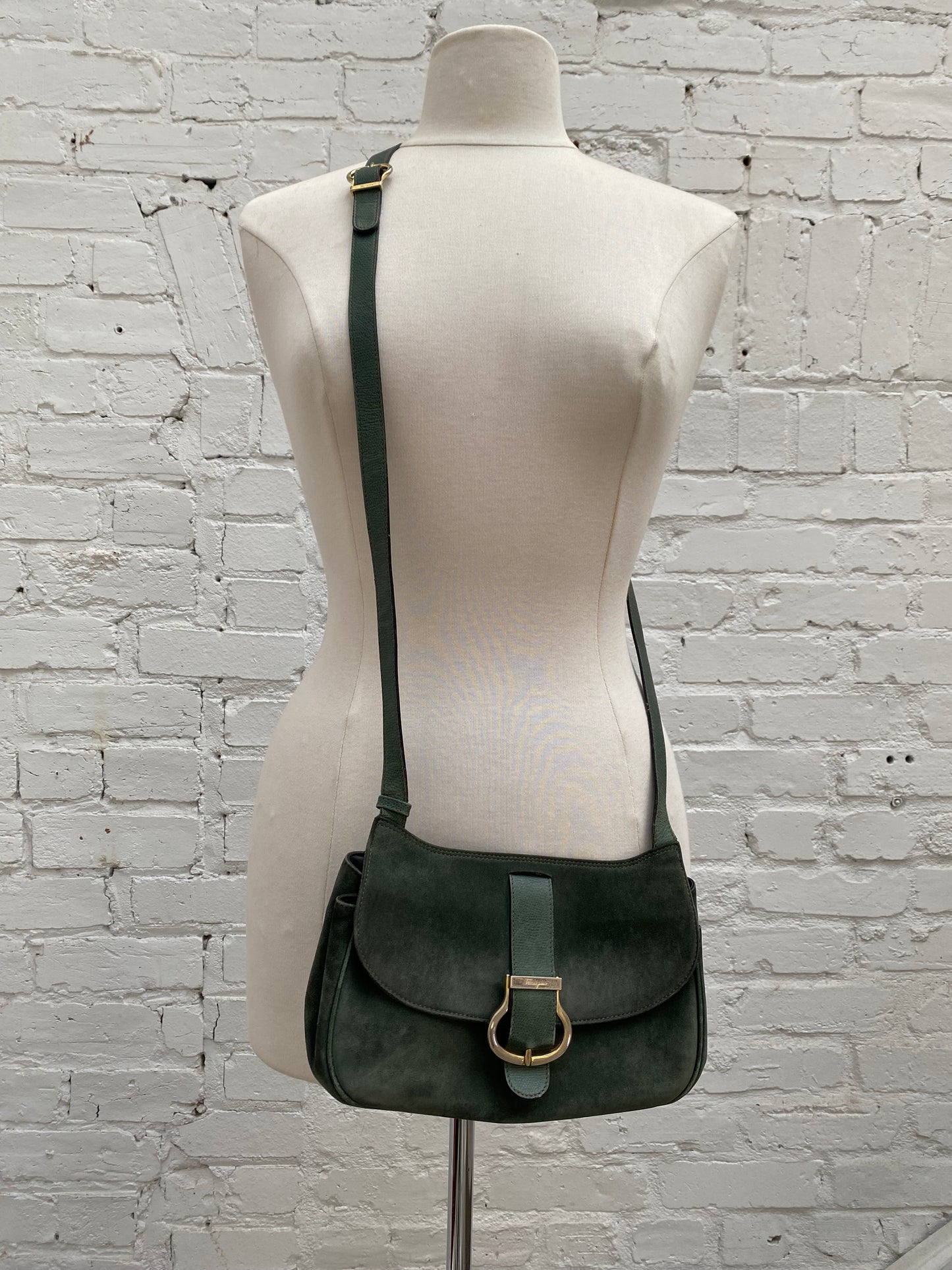 Ferragamo Vintage Green Velvet Crossbody Bag GHW