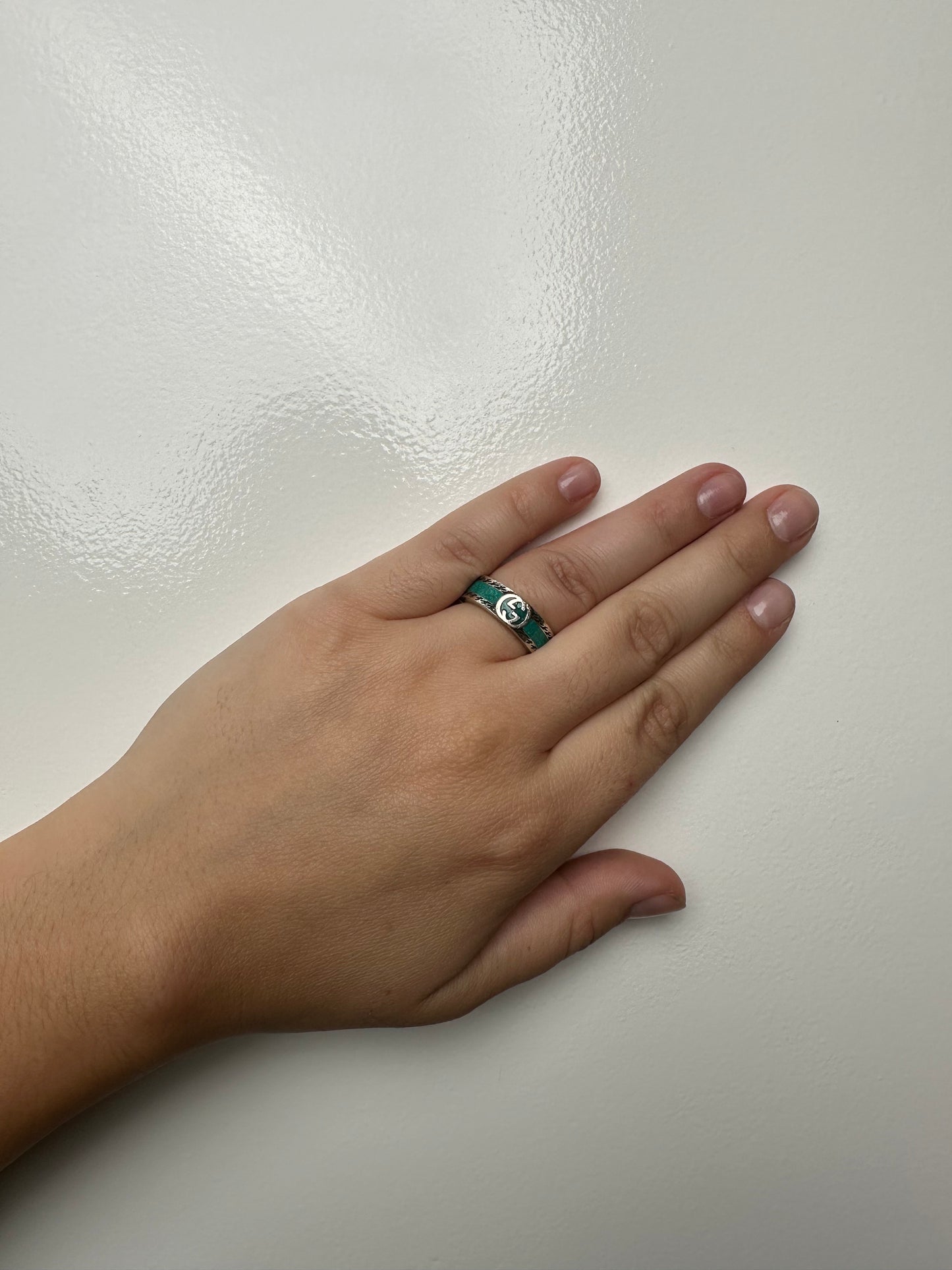 Gucci Silver and Teal Ring, 5.5