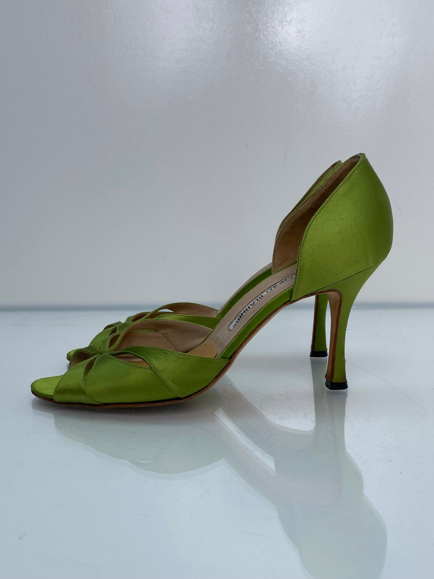 Manolo Blahnik Green Peep Toe Heels, 37.5