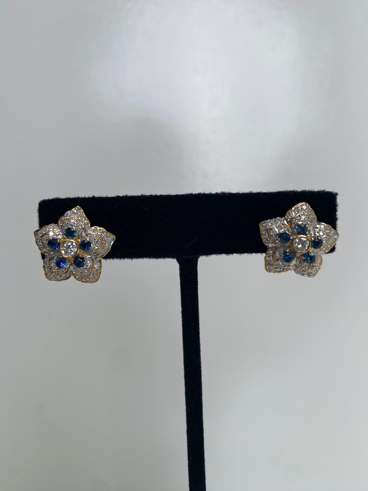 18KY Sapphire/Diamond Flower Earrings