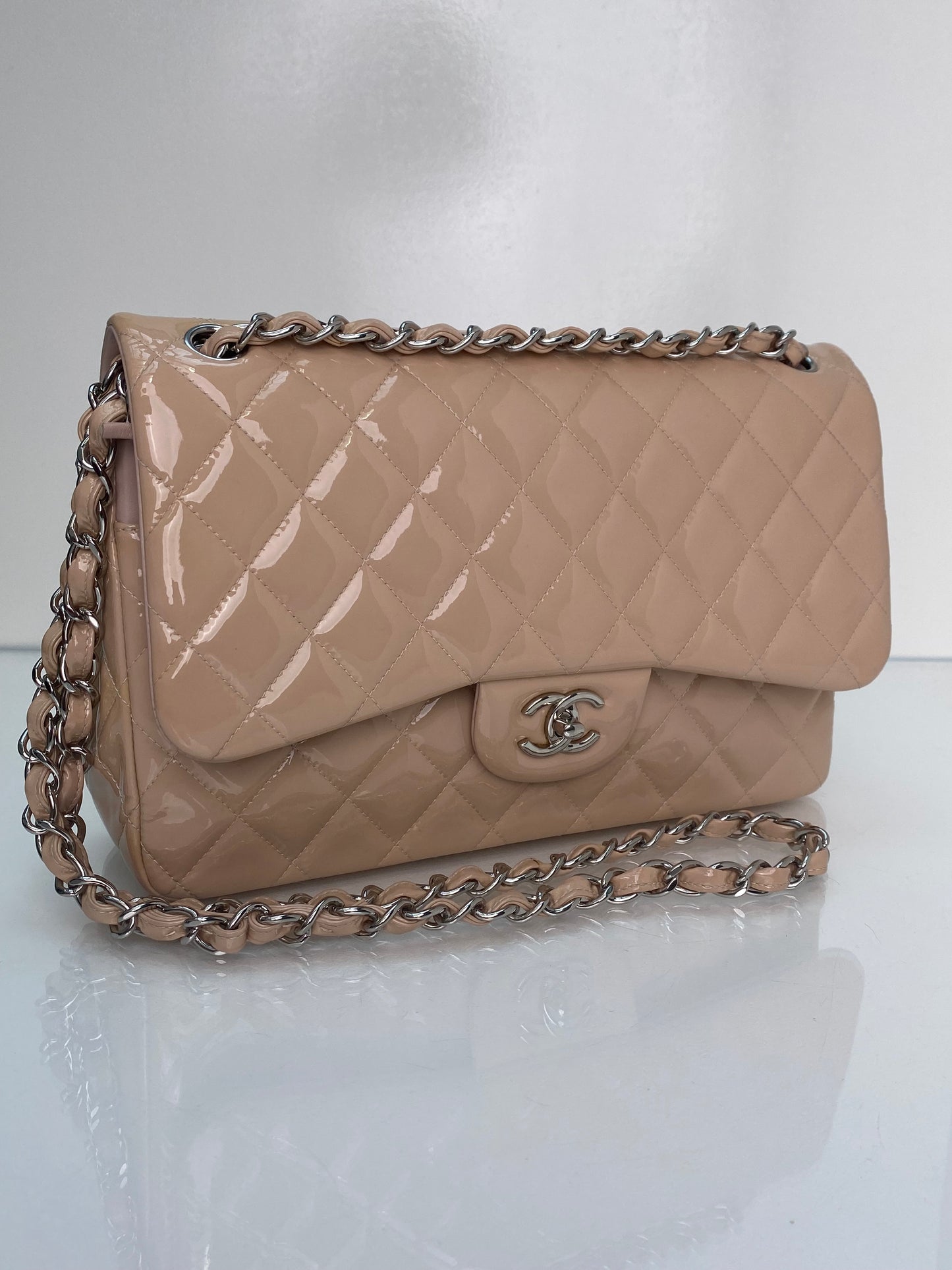 Chanel Classic Jumbo Nude Patent Double Flap Bag SHW