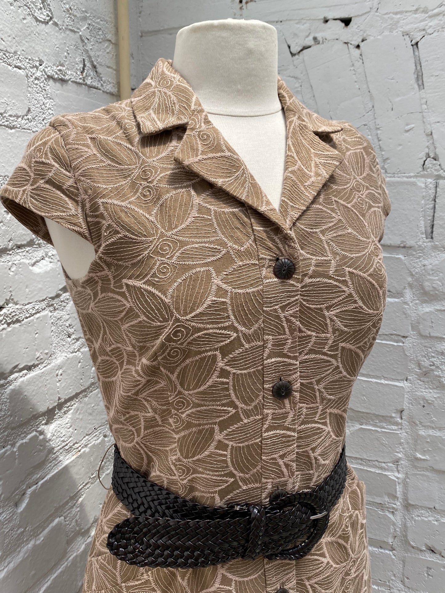 Oscar de la Renta Brown Floral Embroidered Dress, 4