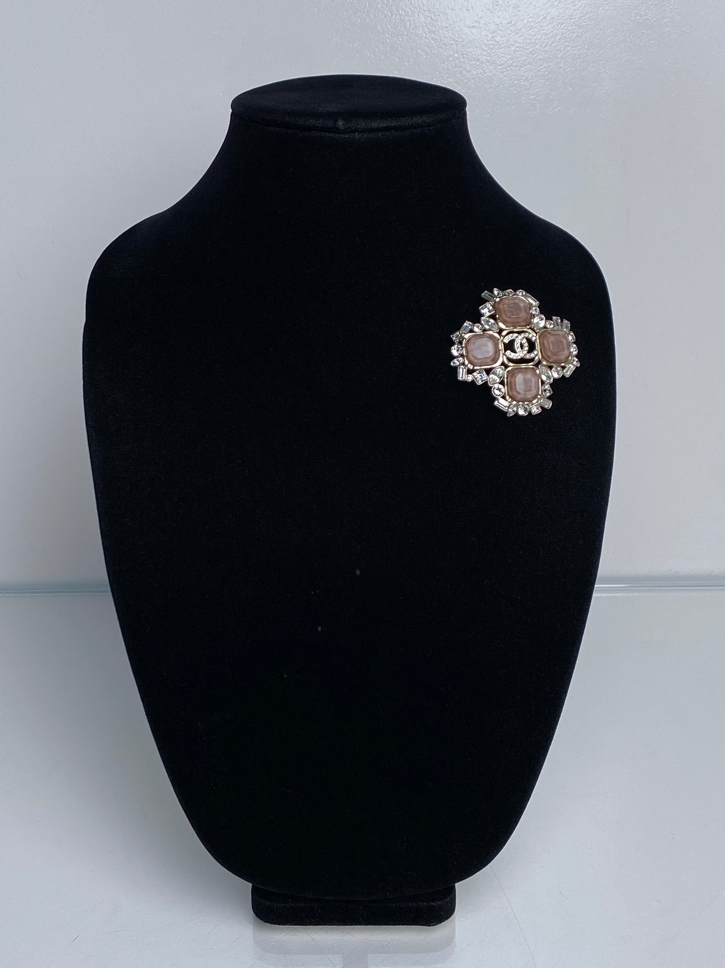 Chanel 2023 Gold Tone, Strass, & Taupe Resin CC Brooch