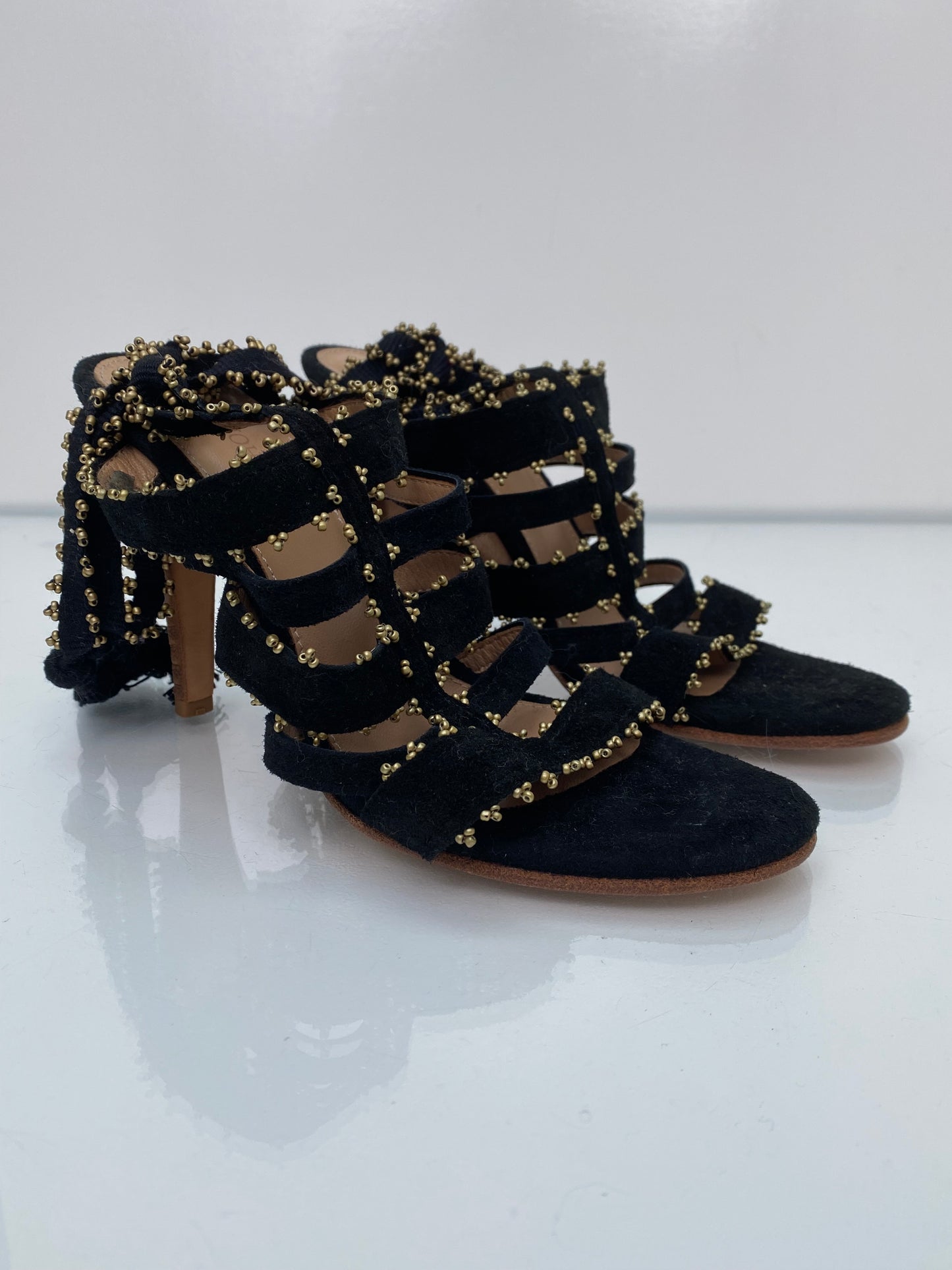 Ulla Johnson Black/Gold Suede Sandals, Size 39