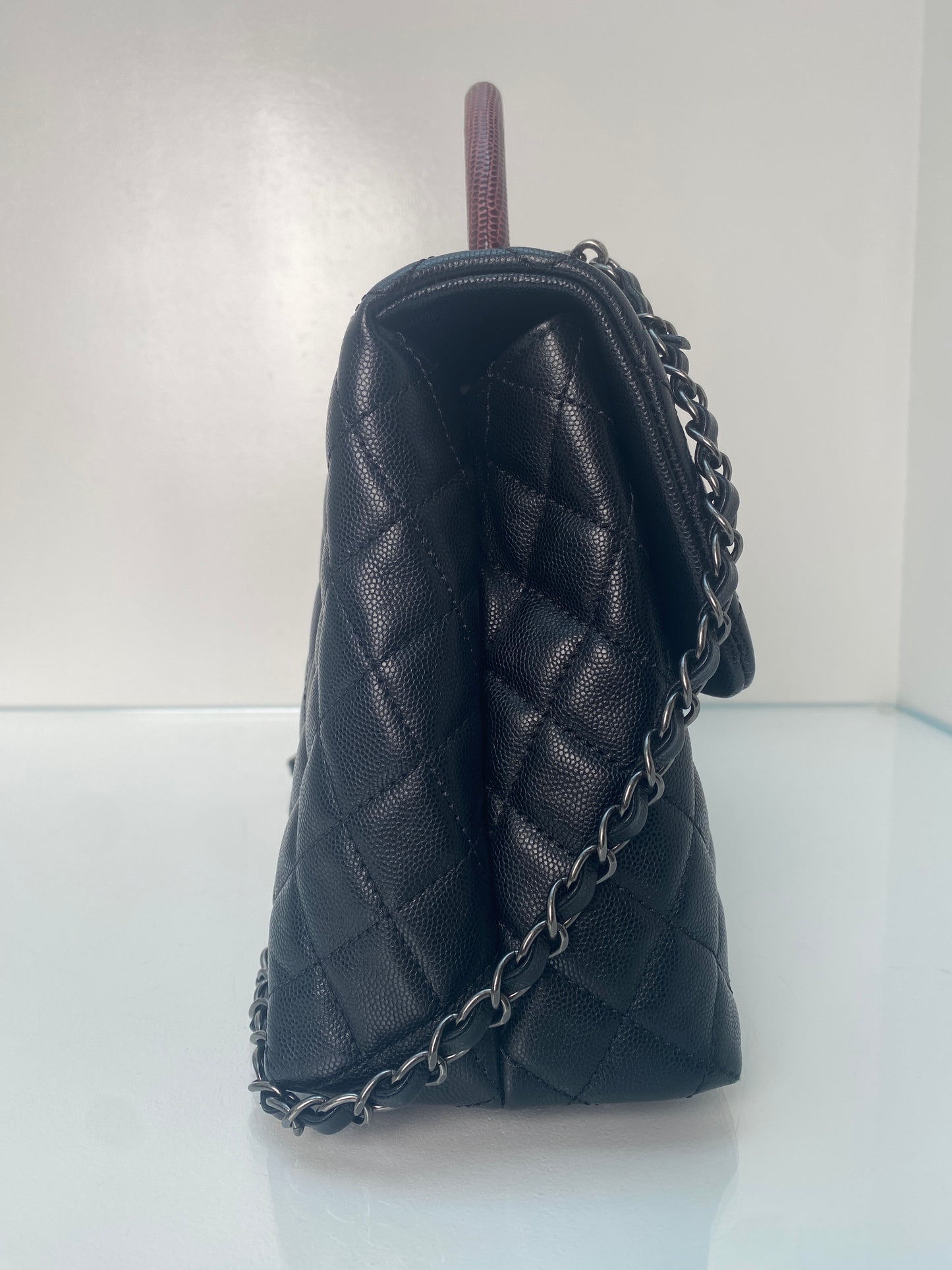 Chanel Burgundy Lizard & Black Caviar Medium Coco Top Handle Bag RHW