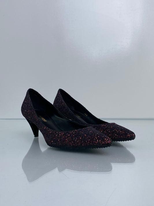 Saint Laurent Purple Glitter Kitten Heels, 36.5