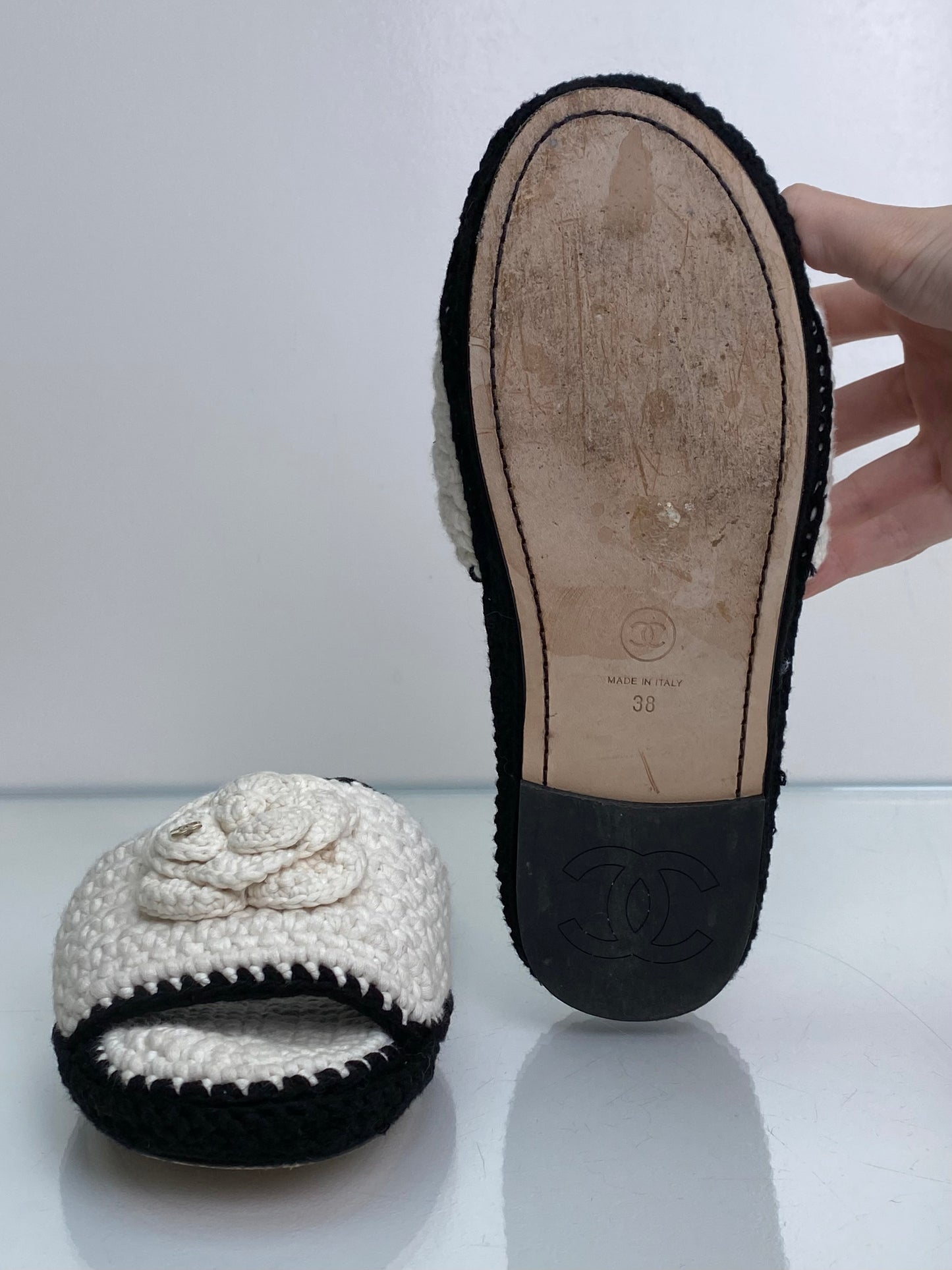Chanel Black/White CC Camelia Crochet Clogs, 39
