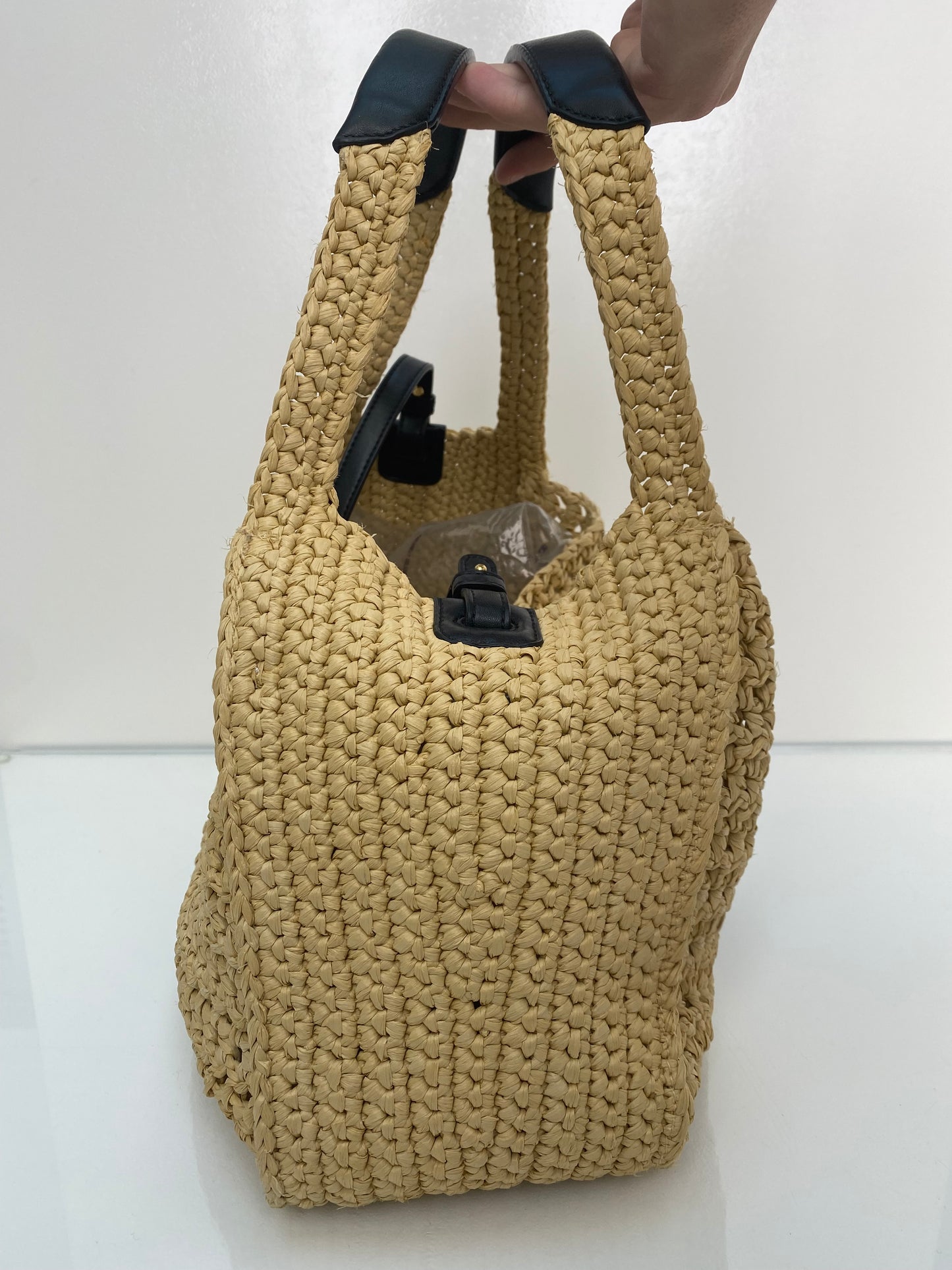 Stella McCartney Black Vegan Leather & Raffia Shoulder Bag