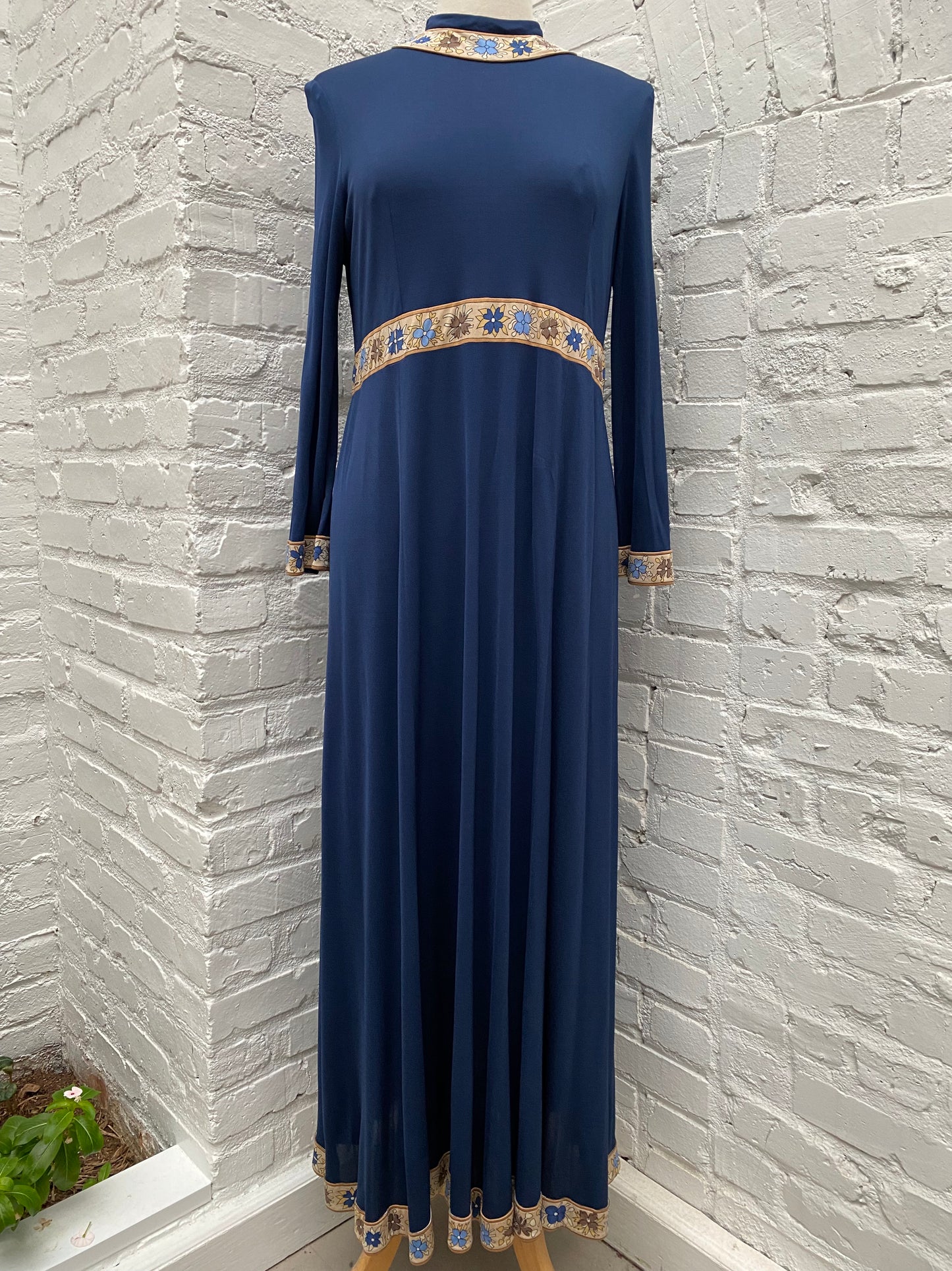 Vintage Navy & Brown Floral Detail Long Sleeve Dress, L