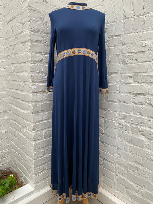 Vintage Navy & Brown Floral Detail Long Sleeve Dress, L