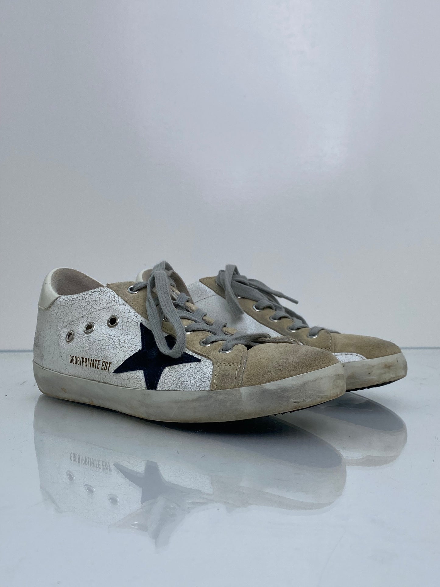 Golden Gooss Crackled White/Tan Suede Superstars 39