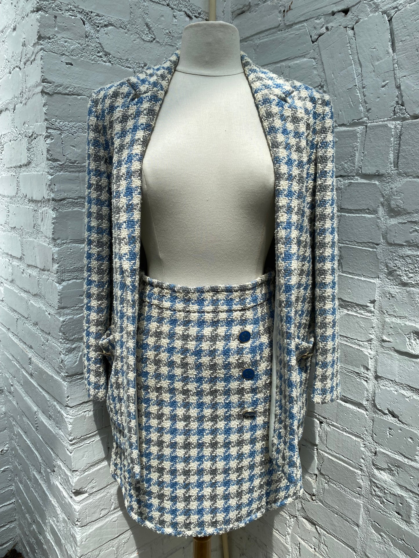 Sandro Cream, Blue & Gray Houndstooth Tweed Blazer & Skirt Set, 36