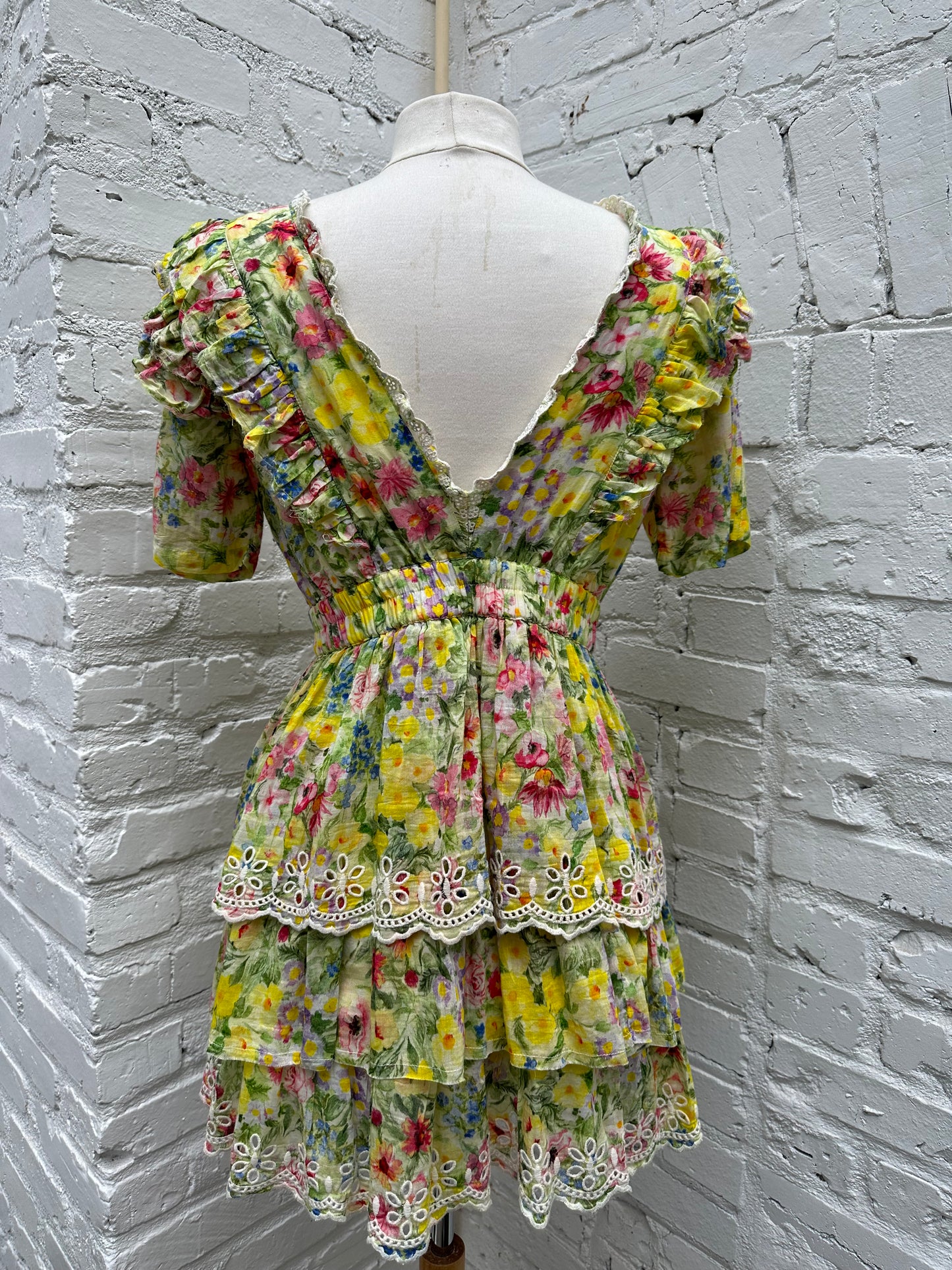 LoveShackFancy Green, Yellow & Pink Floral Dress, M