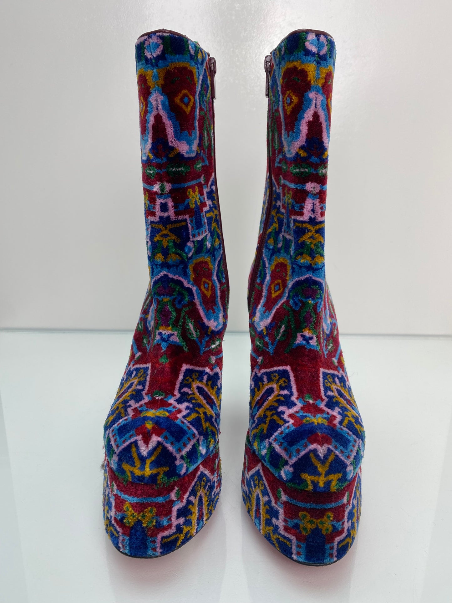 Christian Louboutin Maroon & Multicolor Velvet Platform Boots, 39