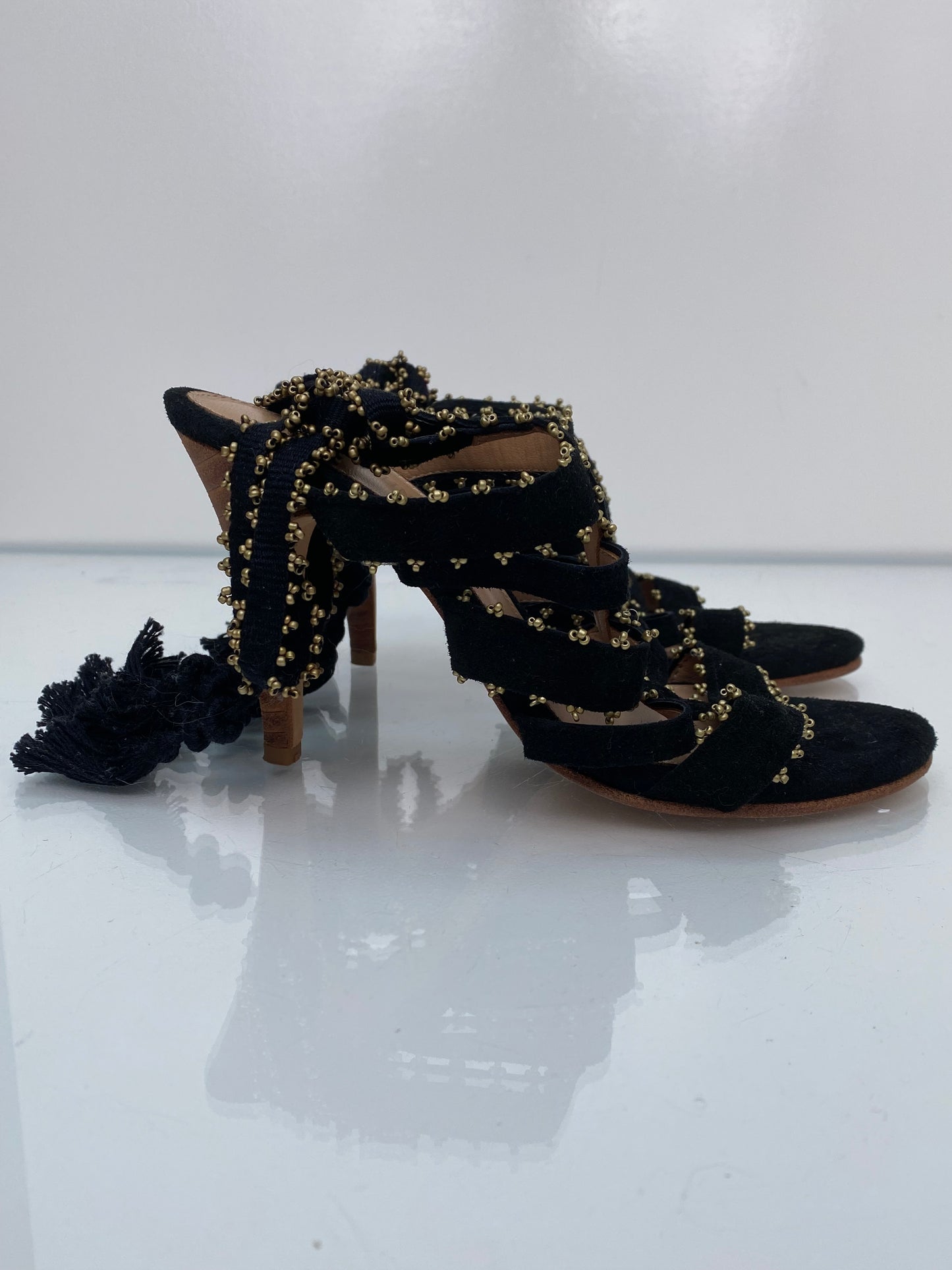 Ulla Johnson Black/Gold Suede Sandals, Size 39