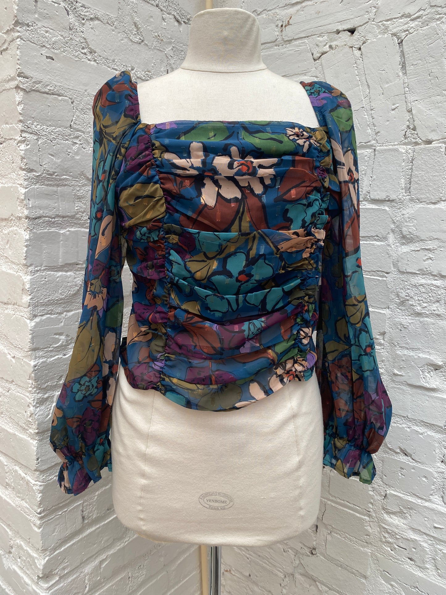 Meet Me in Santorini Dark Blue Floral Smocked Longsleeve Top, M