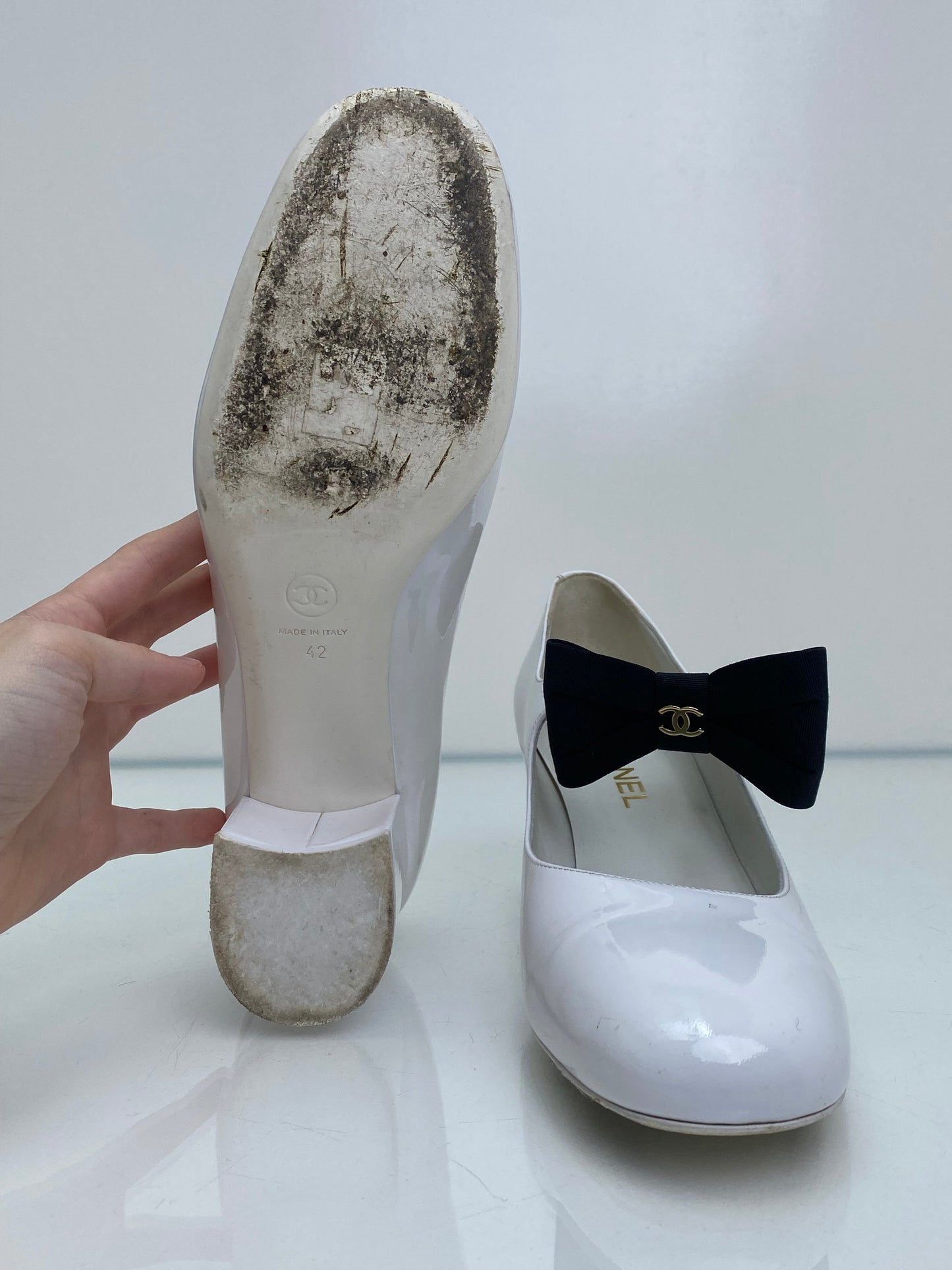 Chanel White Patent Mary Jane Heels, 42