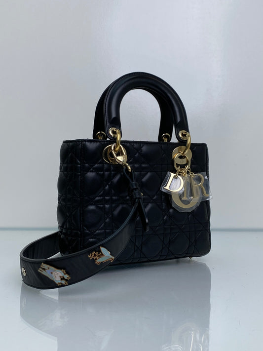 Christian Dior Lady Dior Small Black Lambskin W/ Blue Charm Strap