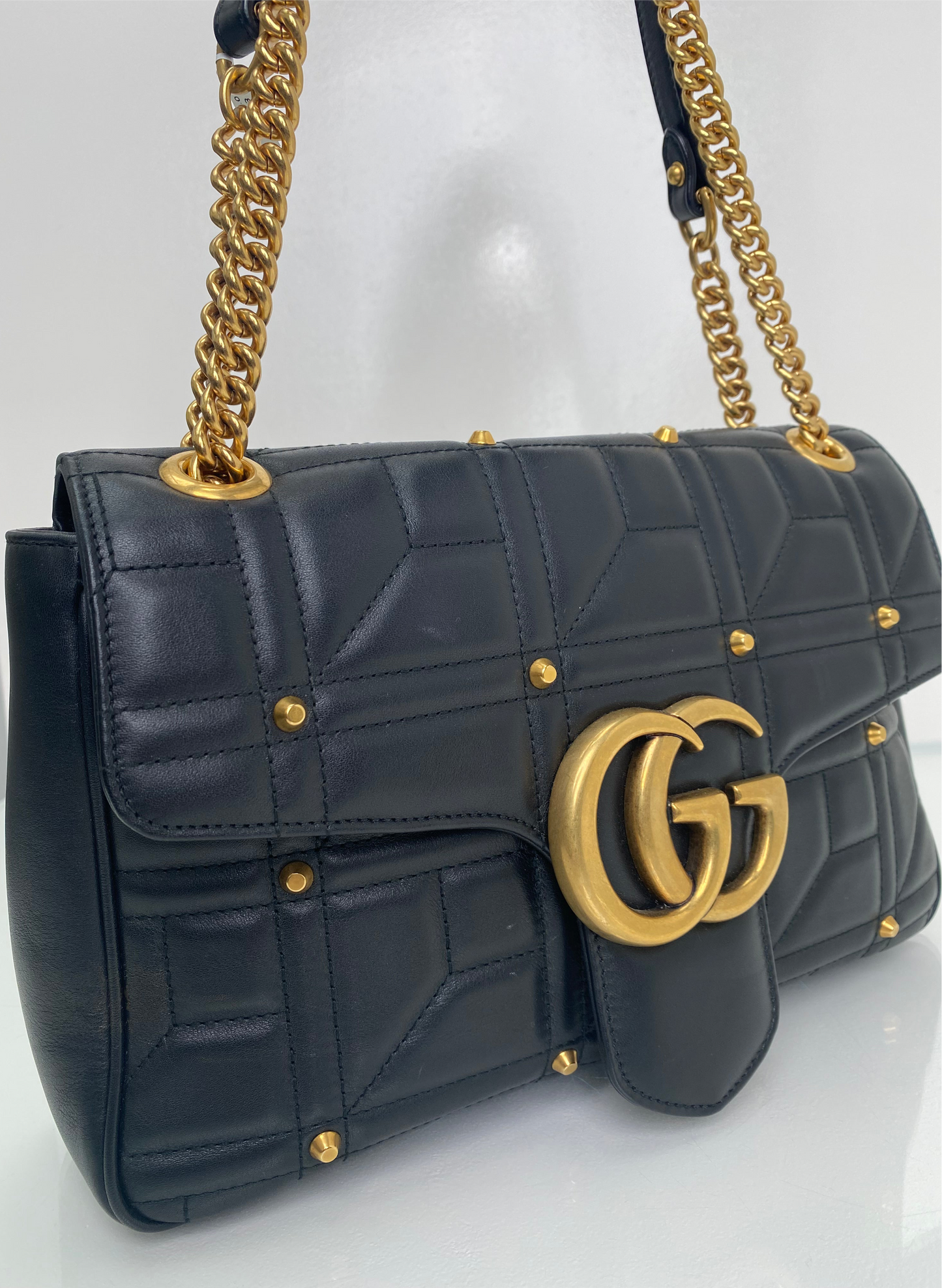 Gucci Black Studded GG Marmont Leather Crossbody, GHW