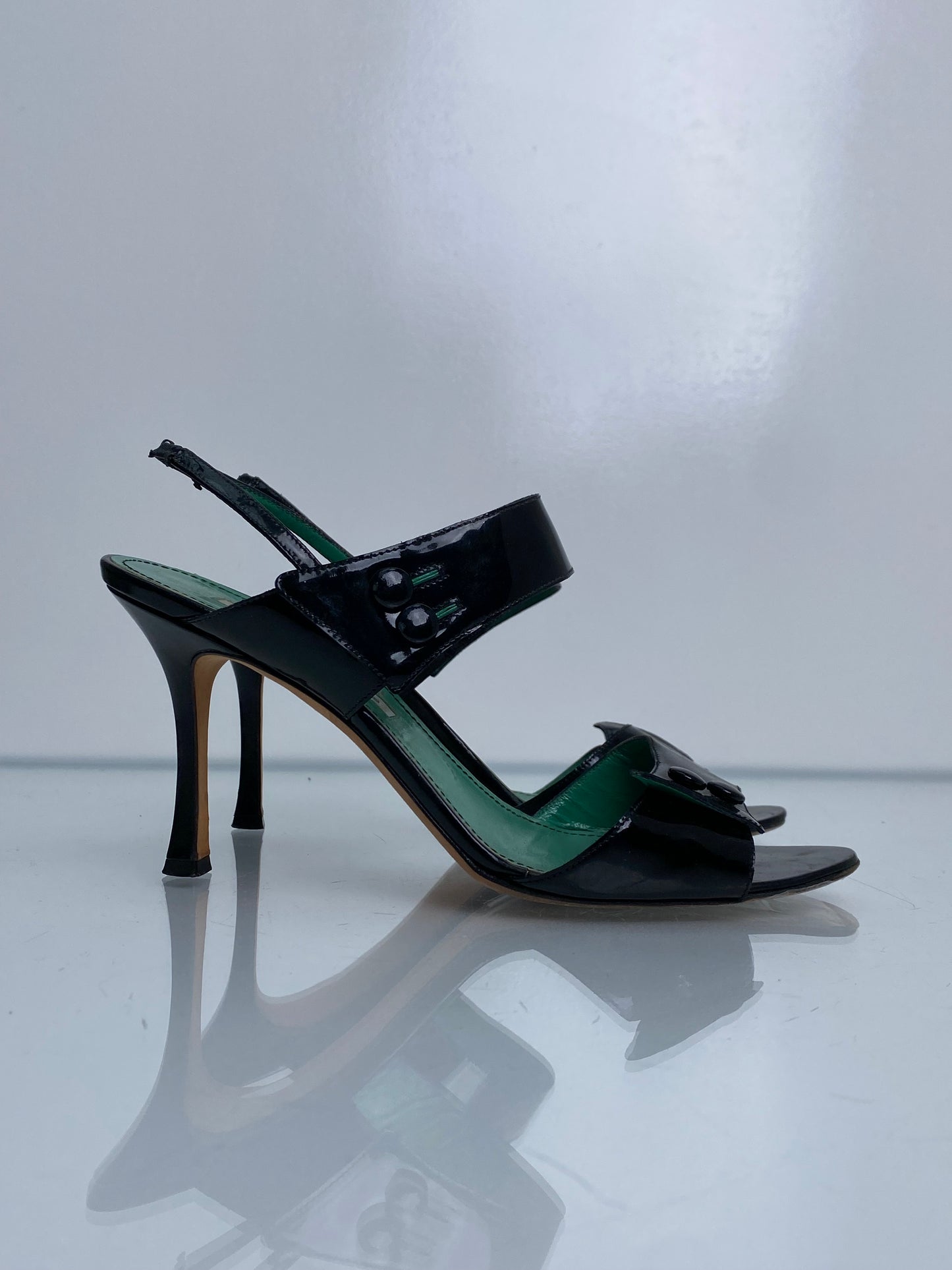 Manolo Blahnik Black Patent Strappy Heels, 39