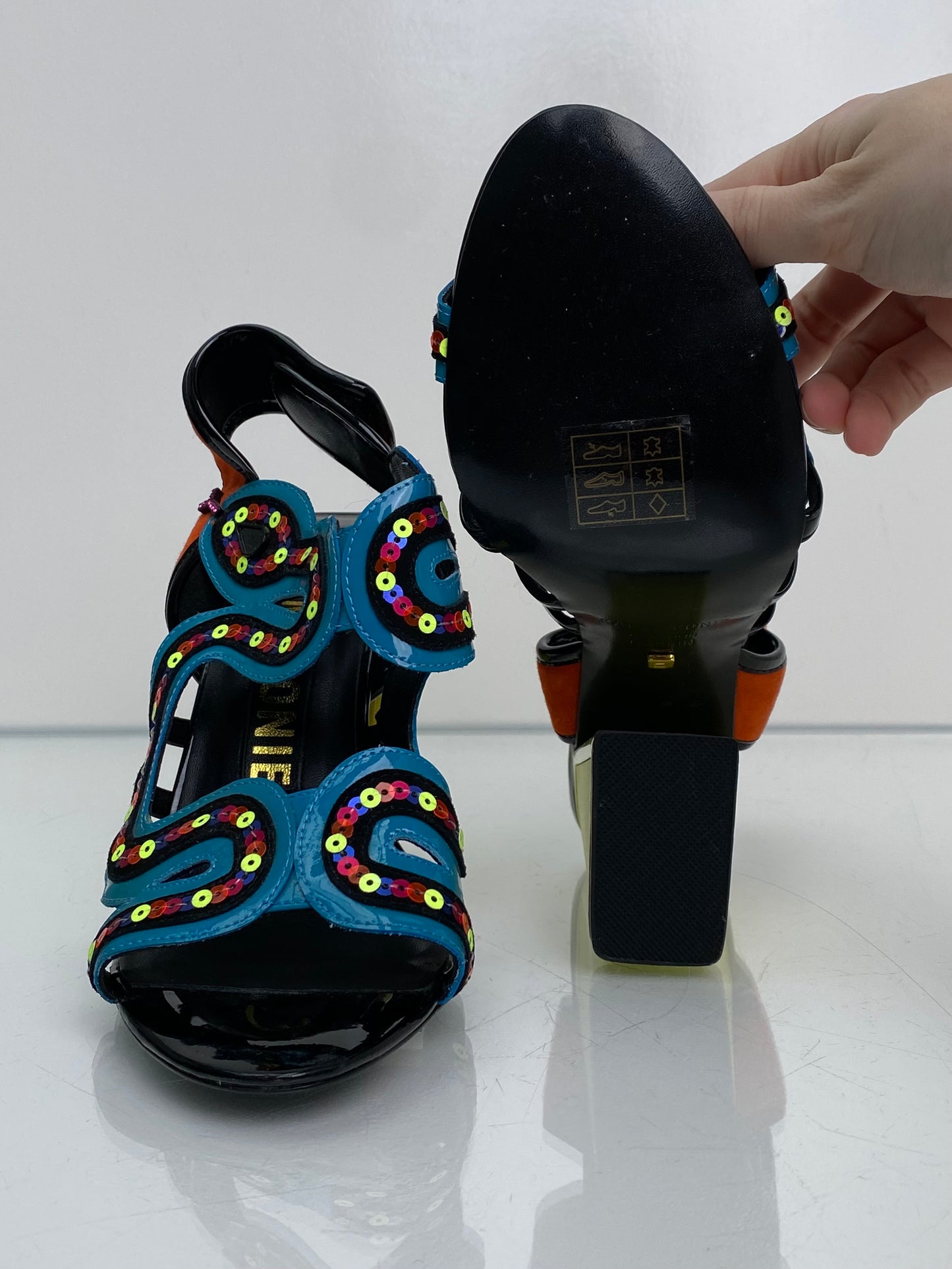 Kat Maconie Neon Yellow, Orange, Blue Sequin Heels, 8