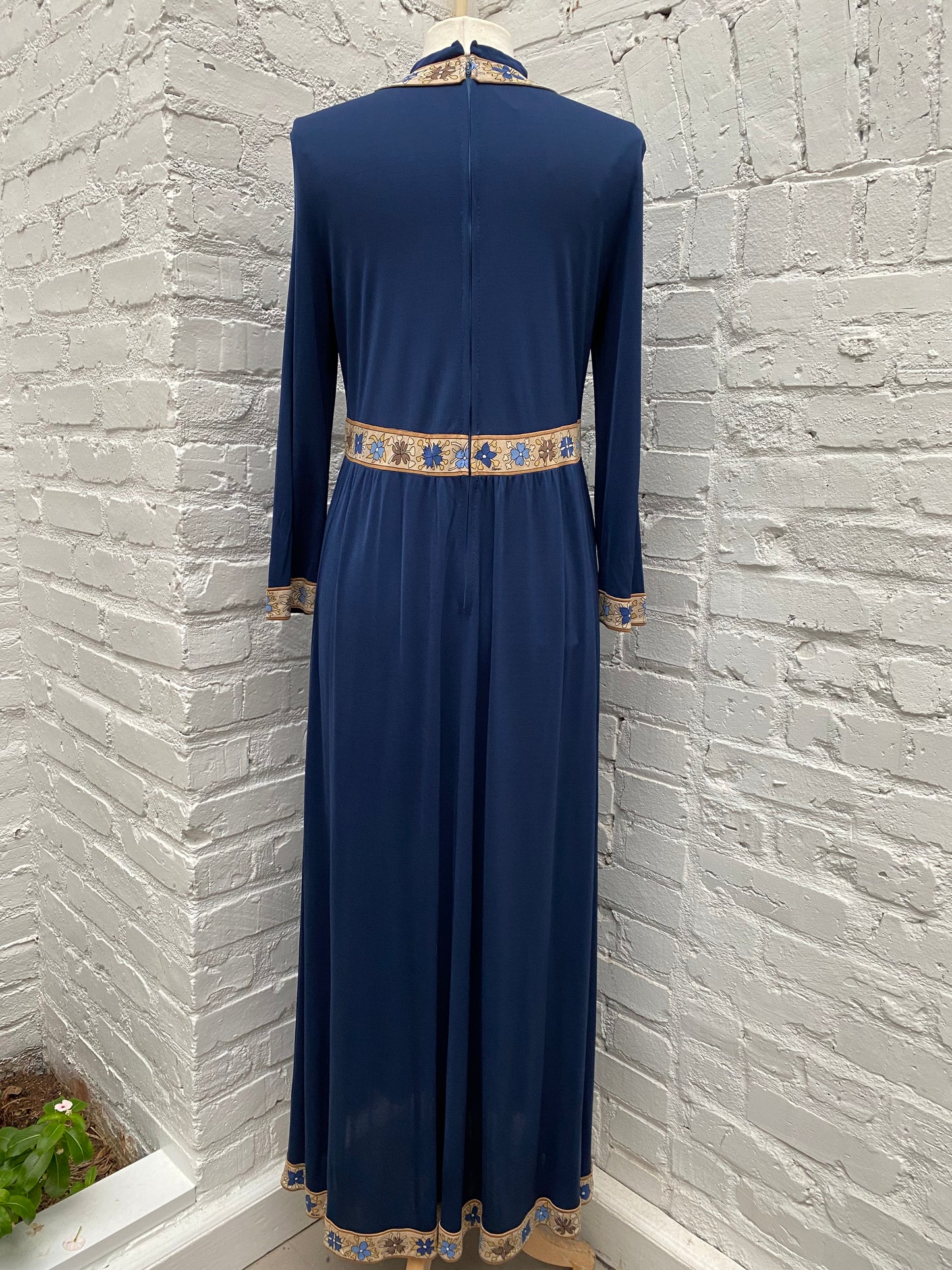 Vintage Navy & Brown Floral Detail Long Sleeve Dress, L