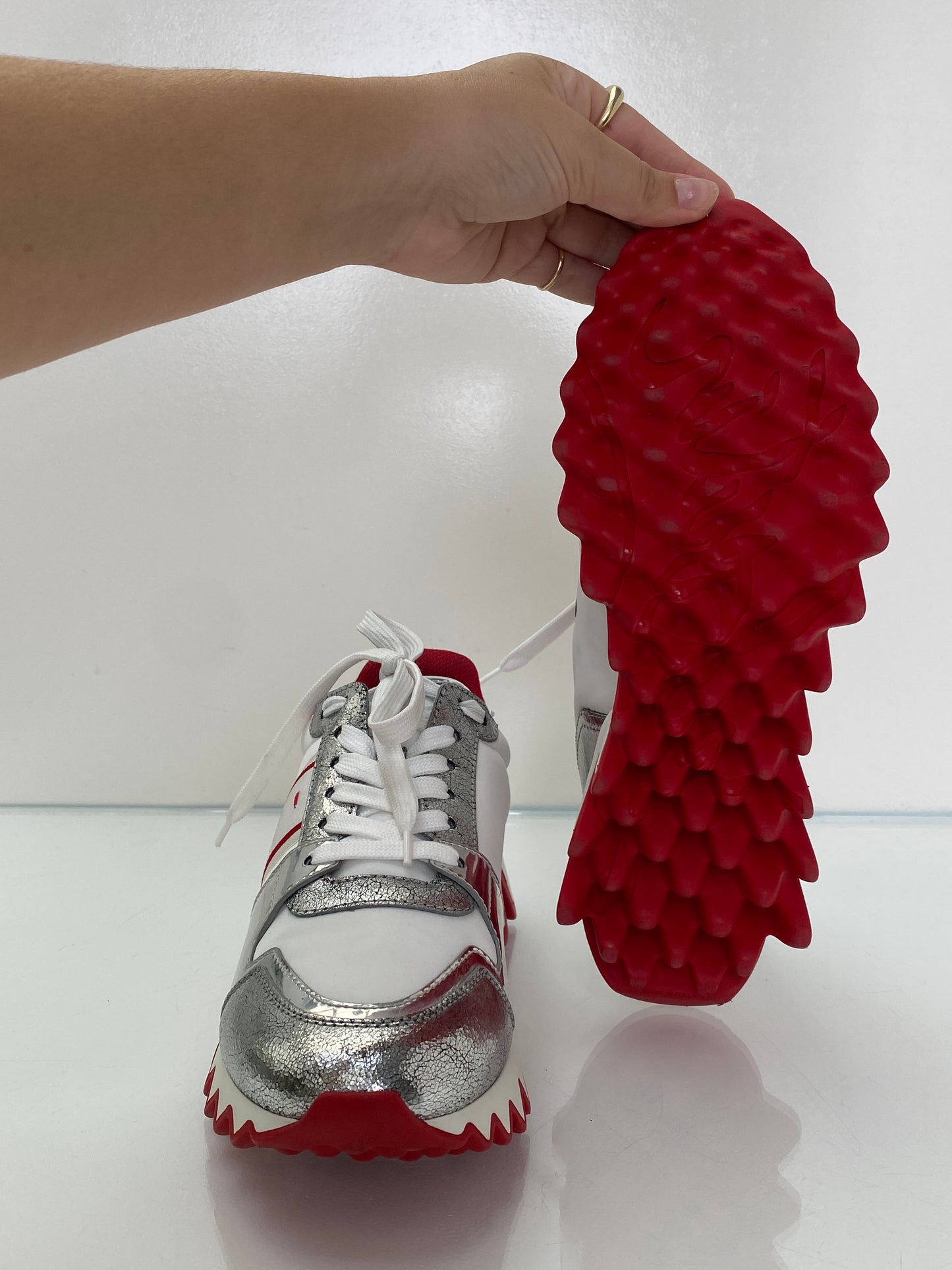 Christian Louboutin Loubishark White, Silver & Red Sneakers, 39
