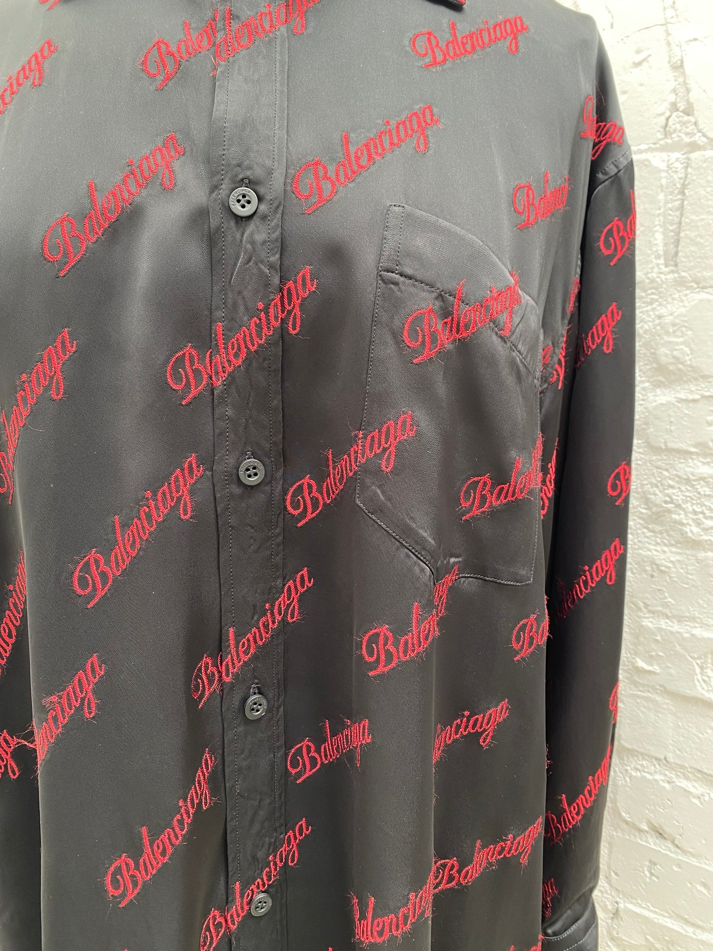 Balenciaga Black & Red Barrage Letter Logo Silk Shirt, 38