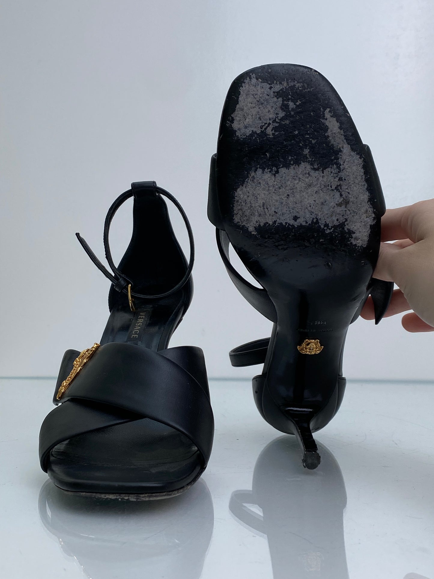 Versace Black & Gold Virtus V Leather Heels, 38.5