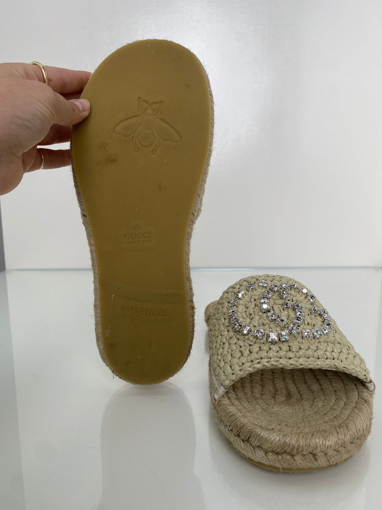 Gucci Tan & Crystal Cora Espadrille Slide Sandals, 39.5