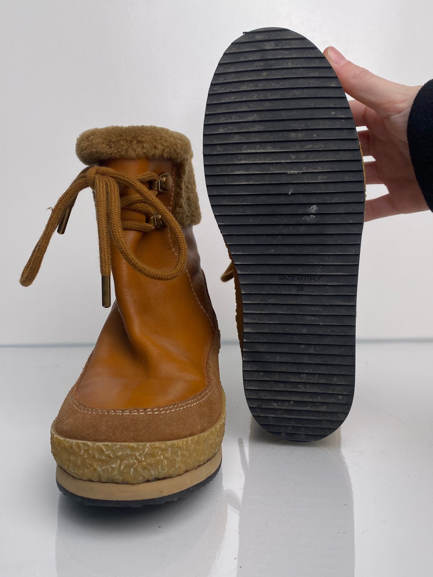 SeeByChloe Tan Sherpa Leather Boots, 38