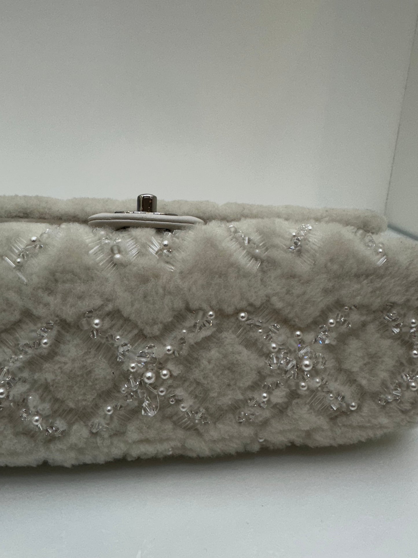 Chanel White Shearling Sequin & Pearl Medium Single Classic Flap SHW