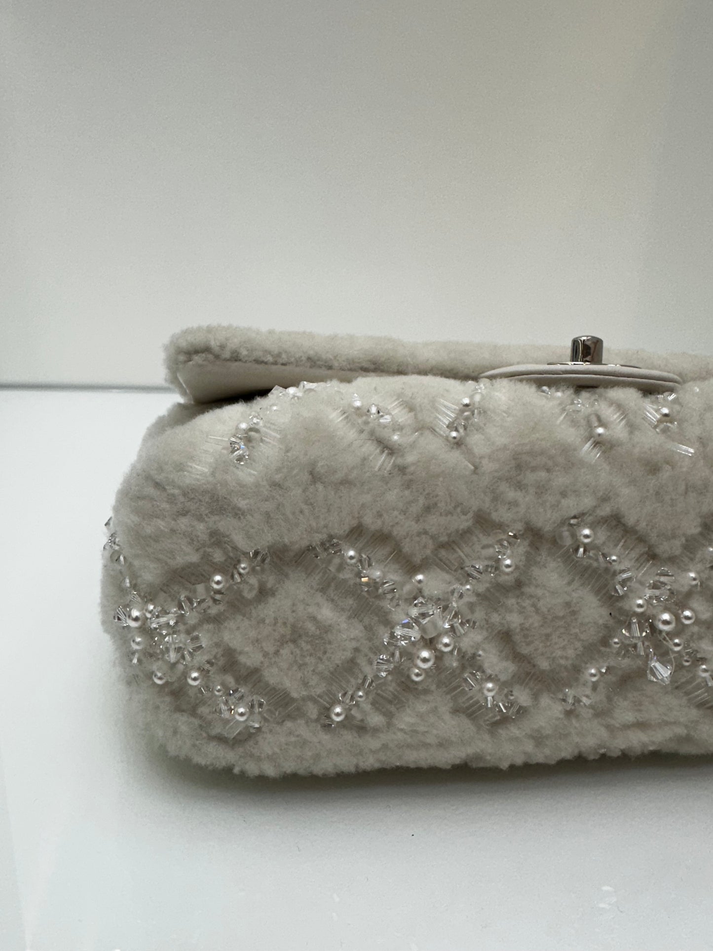 Chanel White Shearling Sequin & Pearl Medium Single Classic Flap SHW