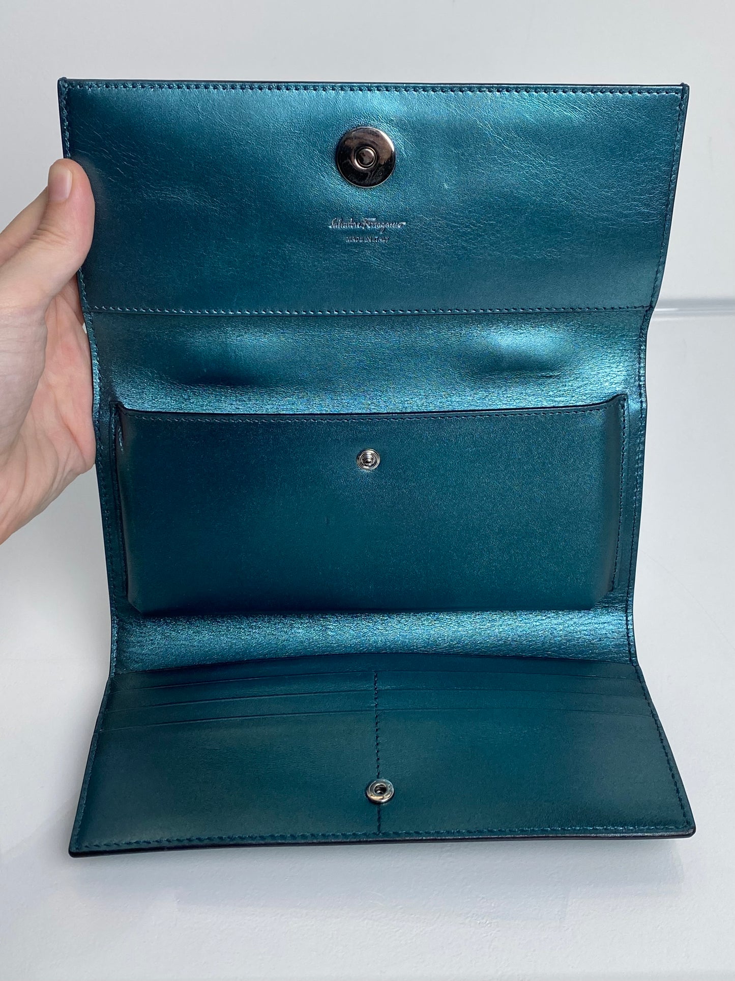 Ferragamo Metallic Teal Tophandle Wallet Crossbody Bag SHW