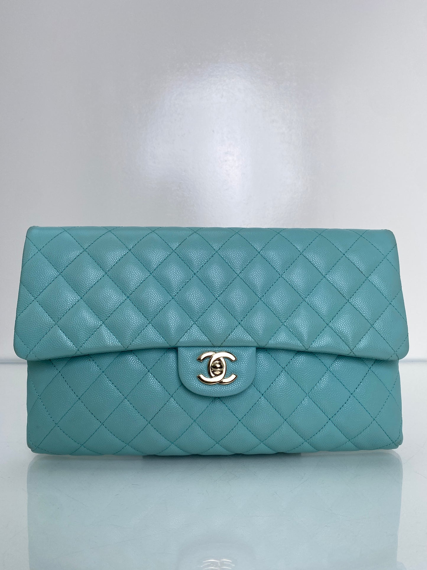 Chanel Light Blue Caviar Quilted Clutch LGHW