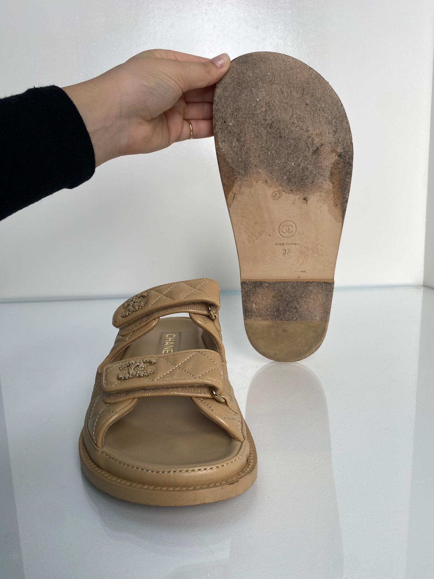 Chanel Beige Lambskin CC Dad Sandals, 37