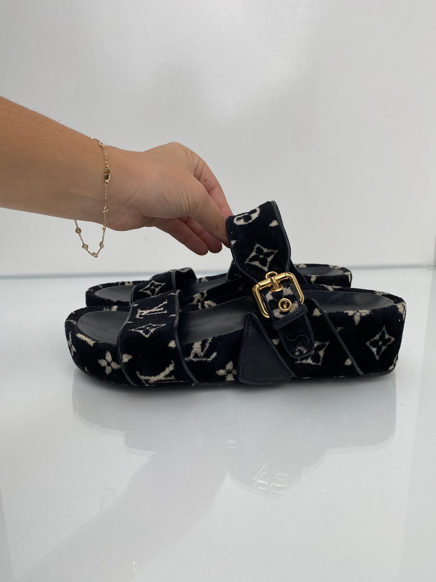 Louis Vuitton Black & White Velvet Monogram Jumbo Flatform Slides, 38