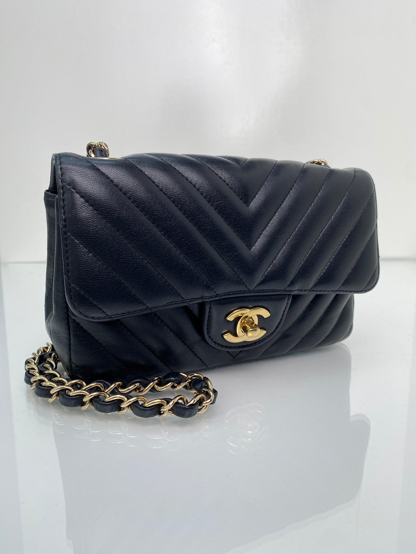 Chanel Classic Black Mini Rectangular Chevron Flap Bag GHW