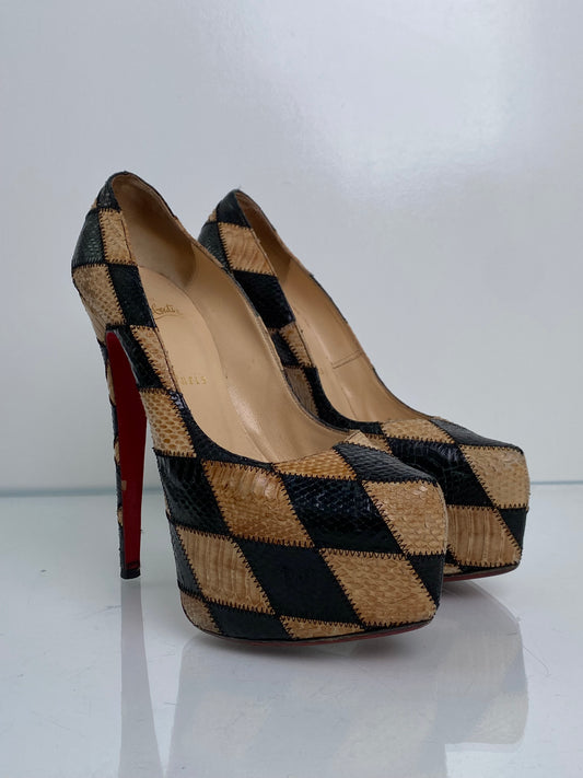 Christian Louboutin Brown & Black Python Checkered Pumps, 39
