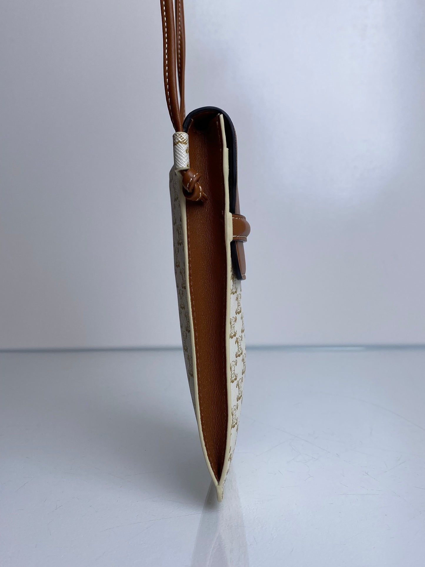 Celine White & Tan Triomphe Phone Holder Crossbody Bag